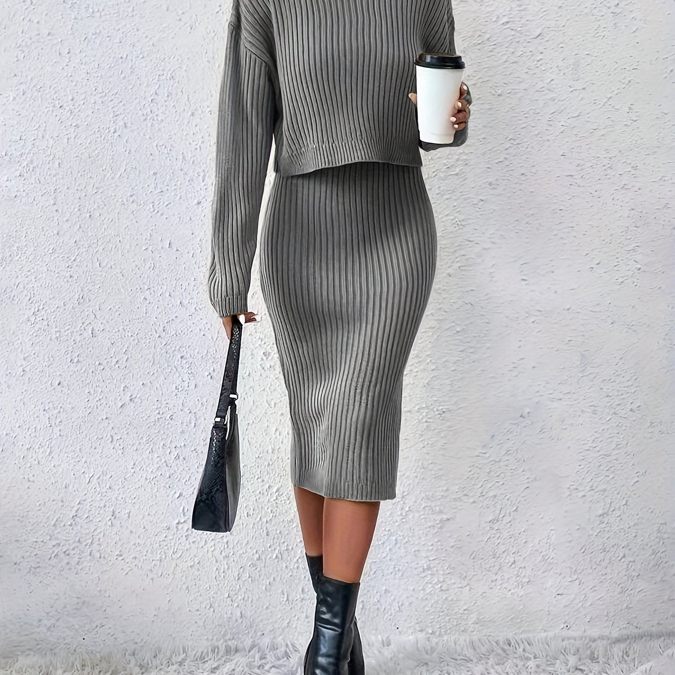gbolsos Casual Sweater Two-piece Set, Turtleneck Long Sleeve Tops & Sleeveless Bodycon Dress Outfits, Women's Clothing