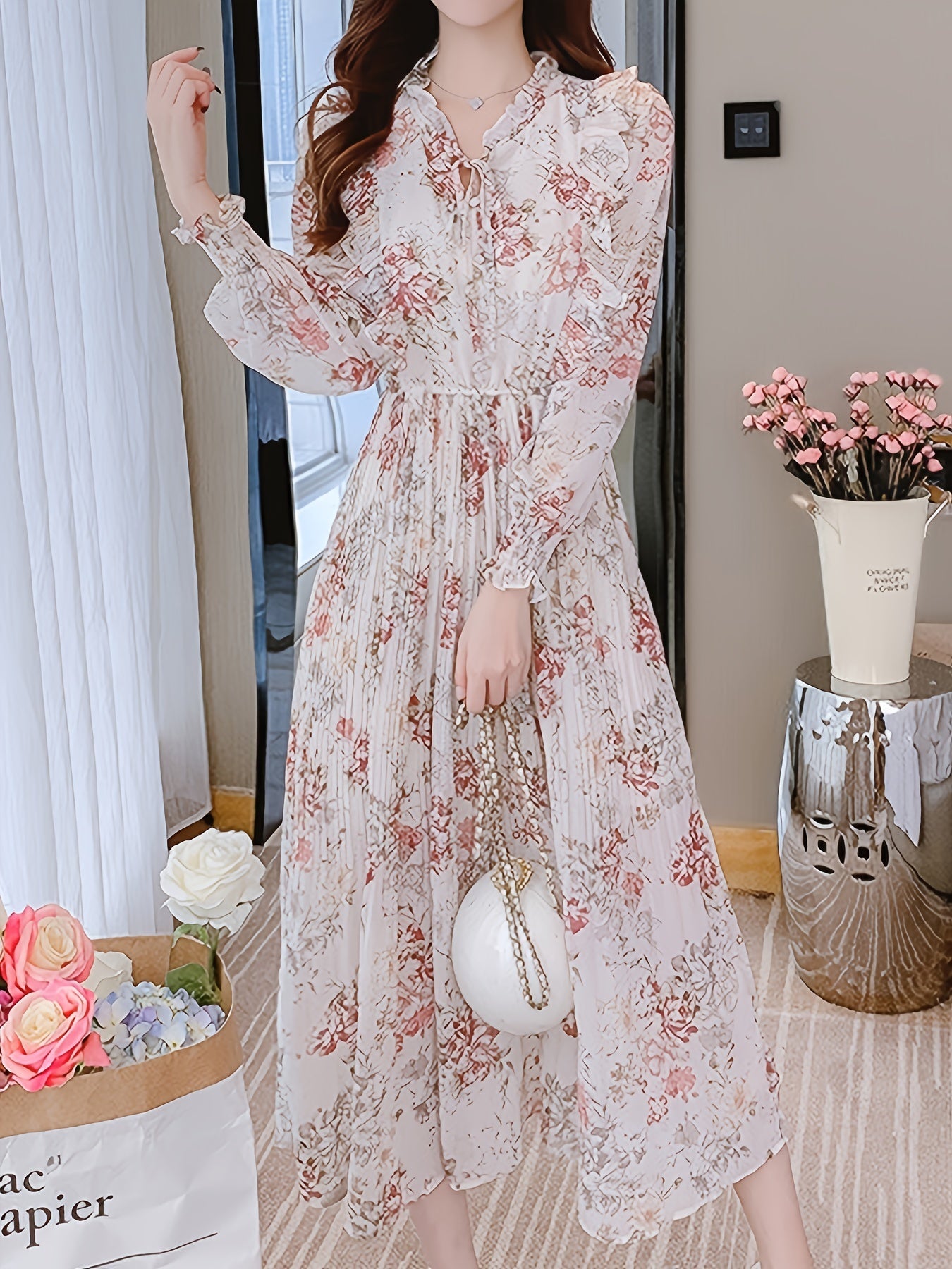 gbolsos Floral Print Bow Tie Long Sleeve Ruffled Dress, Elegant Tunic High Waist Maxi Dress, Women's Clothing