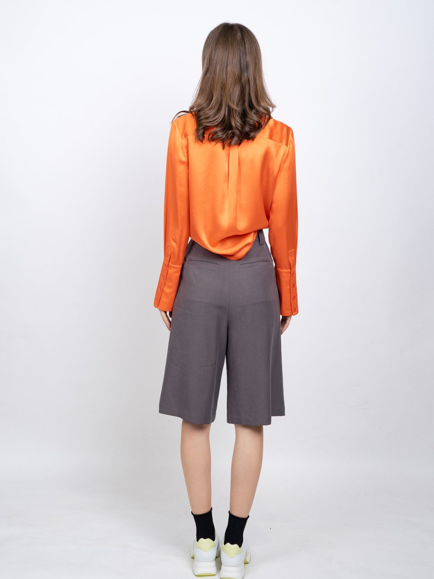gbolsos Ruched Knee Length Suit Shorts, Solid Wide Leg Pleat Front Tailored Shorts With Pockets, Women's Clothing
