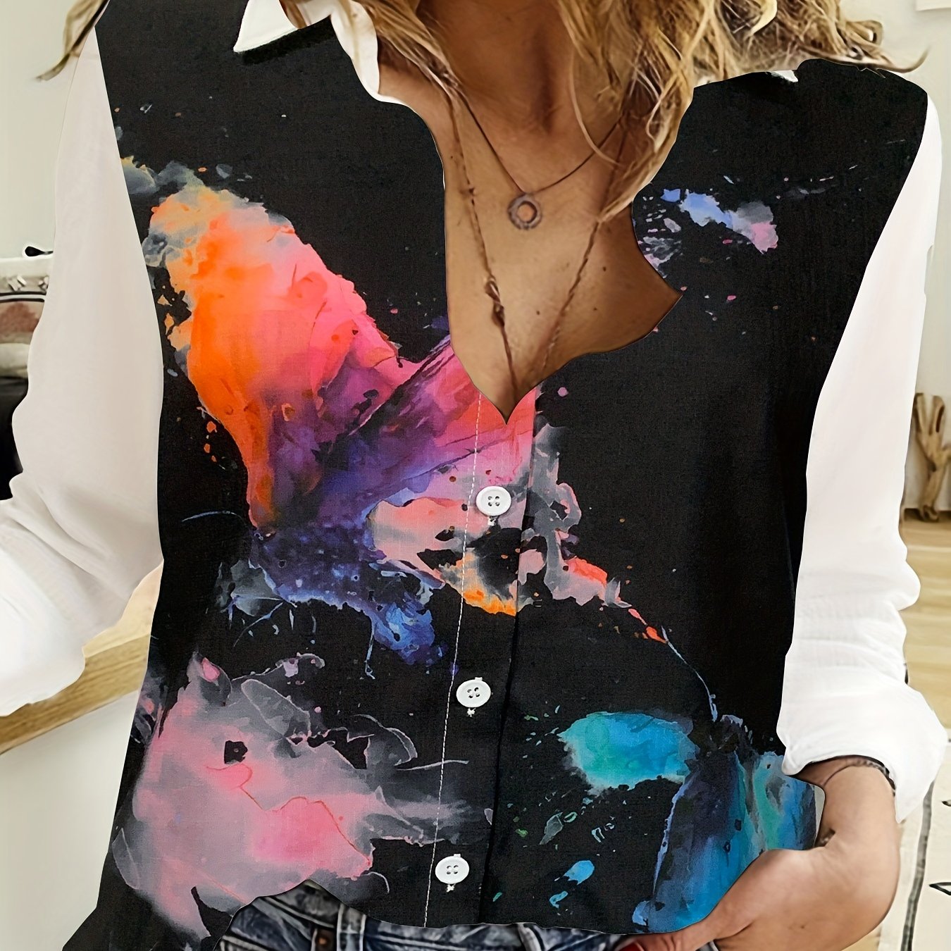 gbolsos Butterfly Print Button Front Shirt, Casual Long Sleeve Shirt For Spring & Fall, Women's Clothing