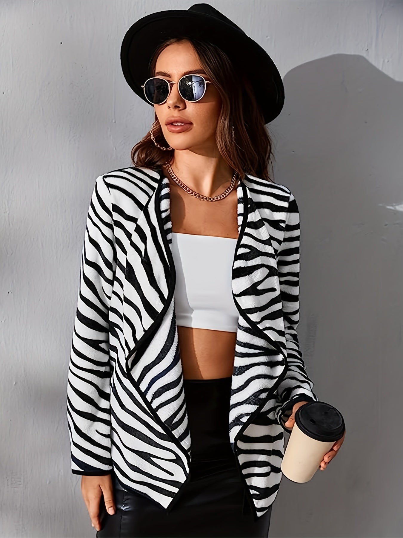 gbolsos Zebra Print Cardigan, Casual Open Front Long Sleeve Outerwear, Women's Clothing