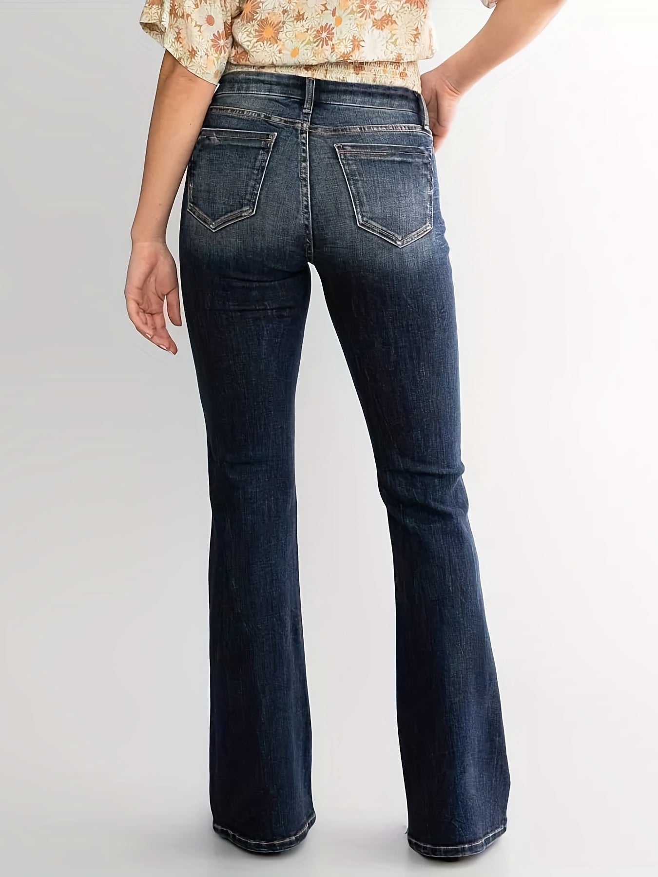 gbolsos Double Button Whiskering Flare Leg Jeans, Mid Waist Retro Faded Watter Tipple Embossed Denim Pants, Women's Denim Jeans & Clothing