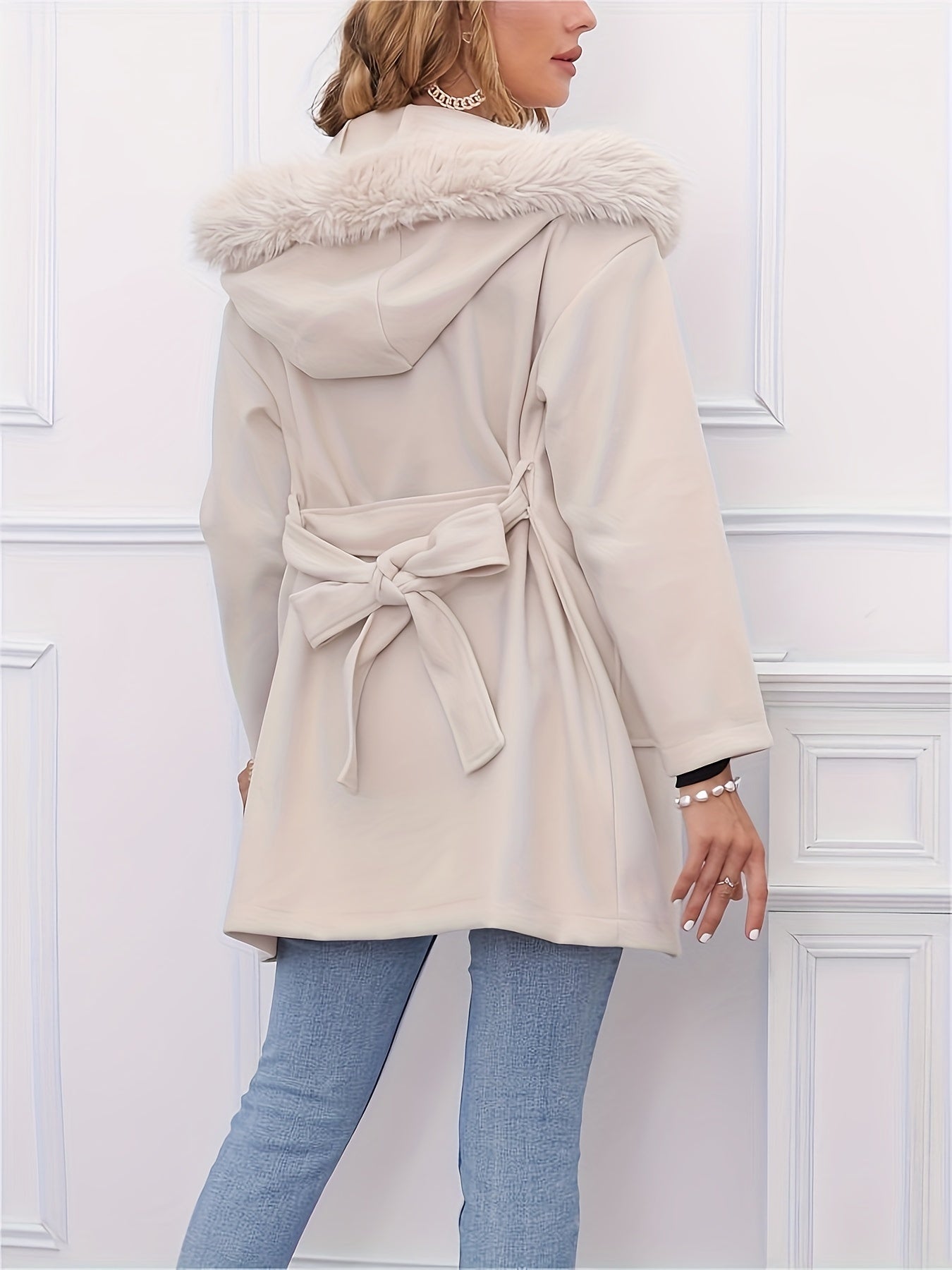 gbolsos Solid Patched Pockets Belted Jacket, Casual Long Sleeve Hooded Jacket For Fall & Winter, Women's Clothing