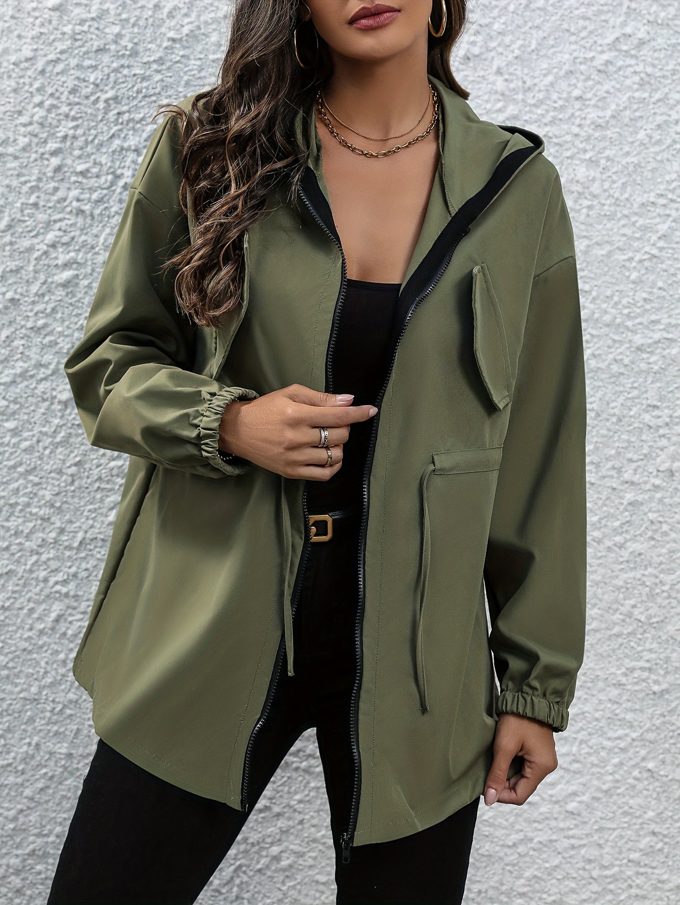 gbolsos Zip Front Hooded Trench Coat, Casual Long Sleeve Coat For Fall & Winter, Women's Clothing