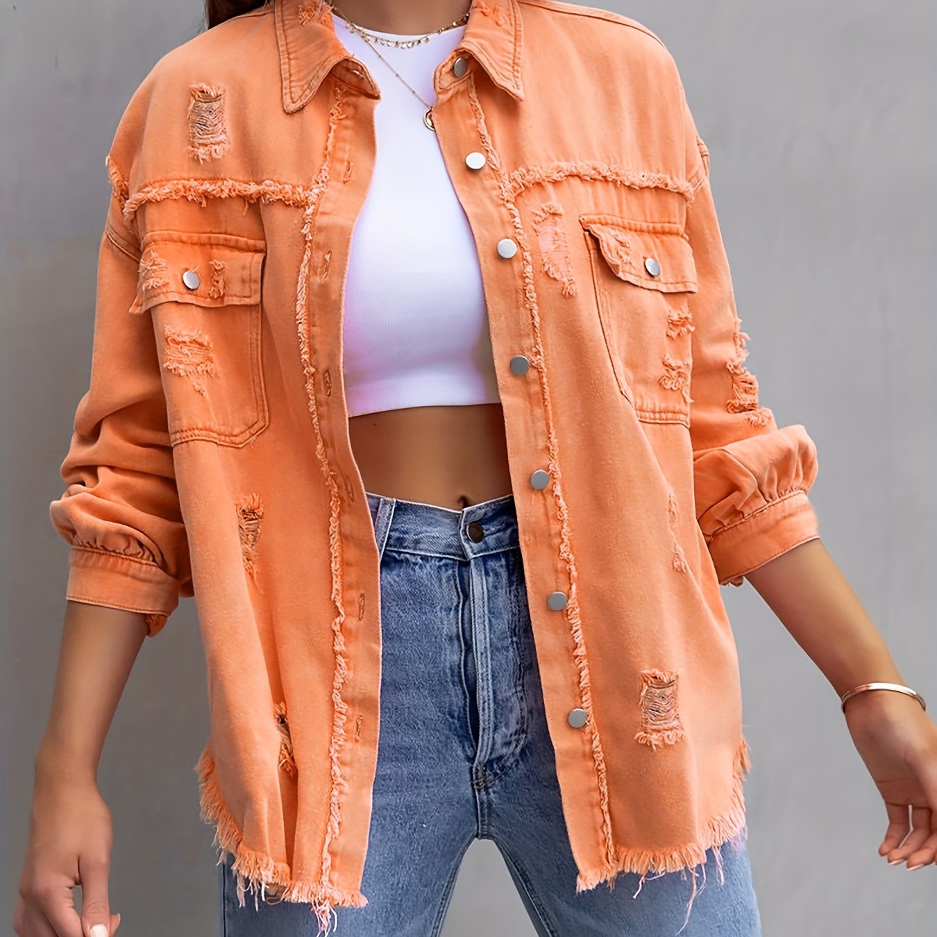 Raw Hem Ripped Distressed Denim Jacket, Flap Pockets Long Sleeves Street Style Single-Breasted Denim Coat, Women's Denim Jeans & Clothing