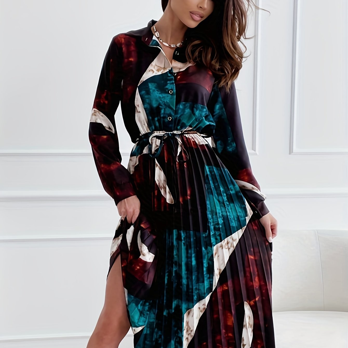 Pleated Abstract Print Dress, Casual Button Front Long Sleeve Dress, Women's Clothing