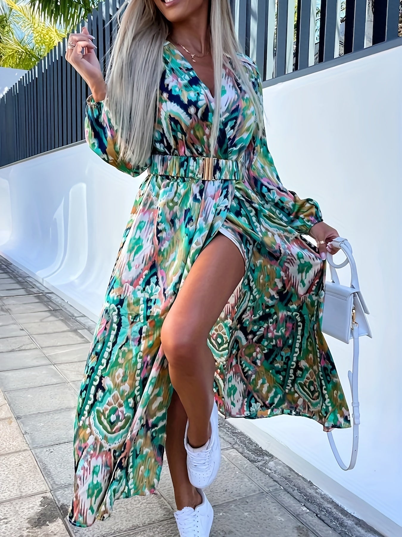 gbolsos Full Printed Surplice Neck Dress, Boho Long Sleeve Maxi Dress, Women's Clothing