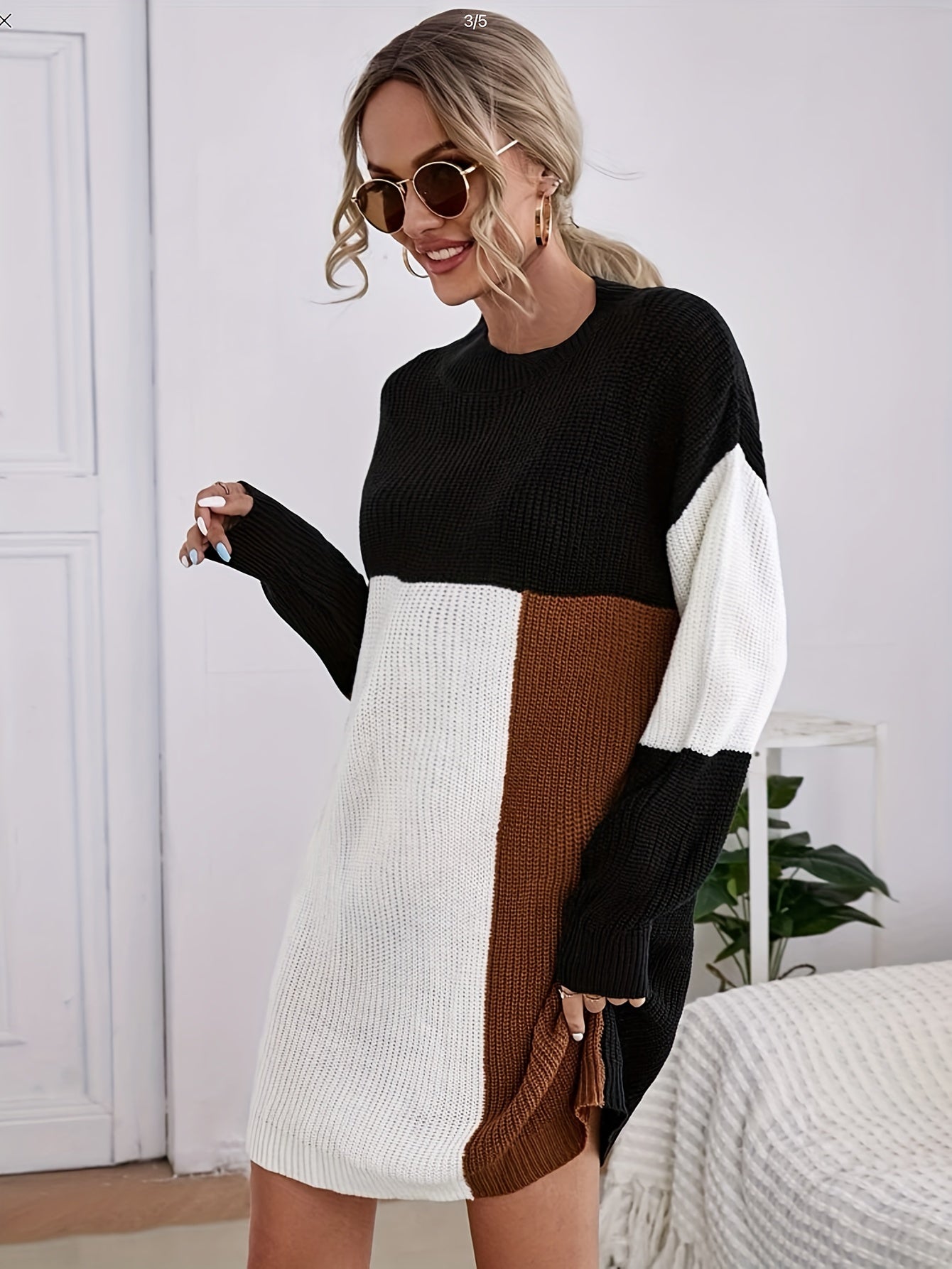 Color Block Sweater Dress, Casual Crew Neck Long Sleeve Dress, Women's Clothing