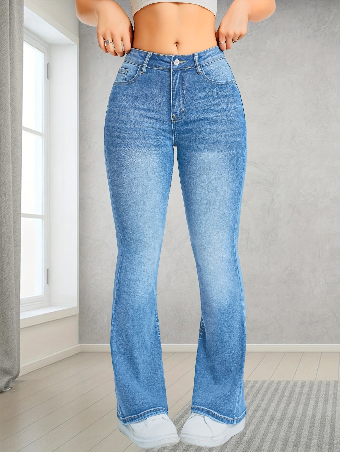 gbolsos Light Blue Casual Bootcut Jeans, Mid-Stretch Slant Pockets High Waist Denim Pants, Women's Denim Jeans & Clothing