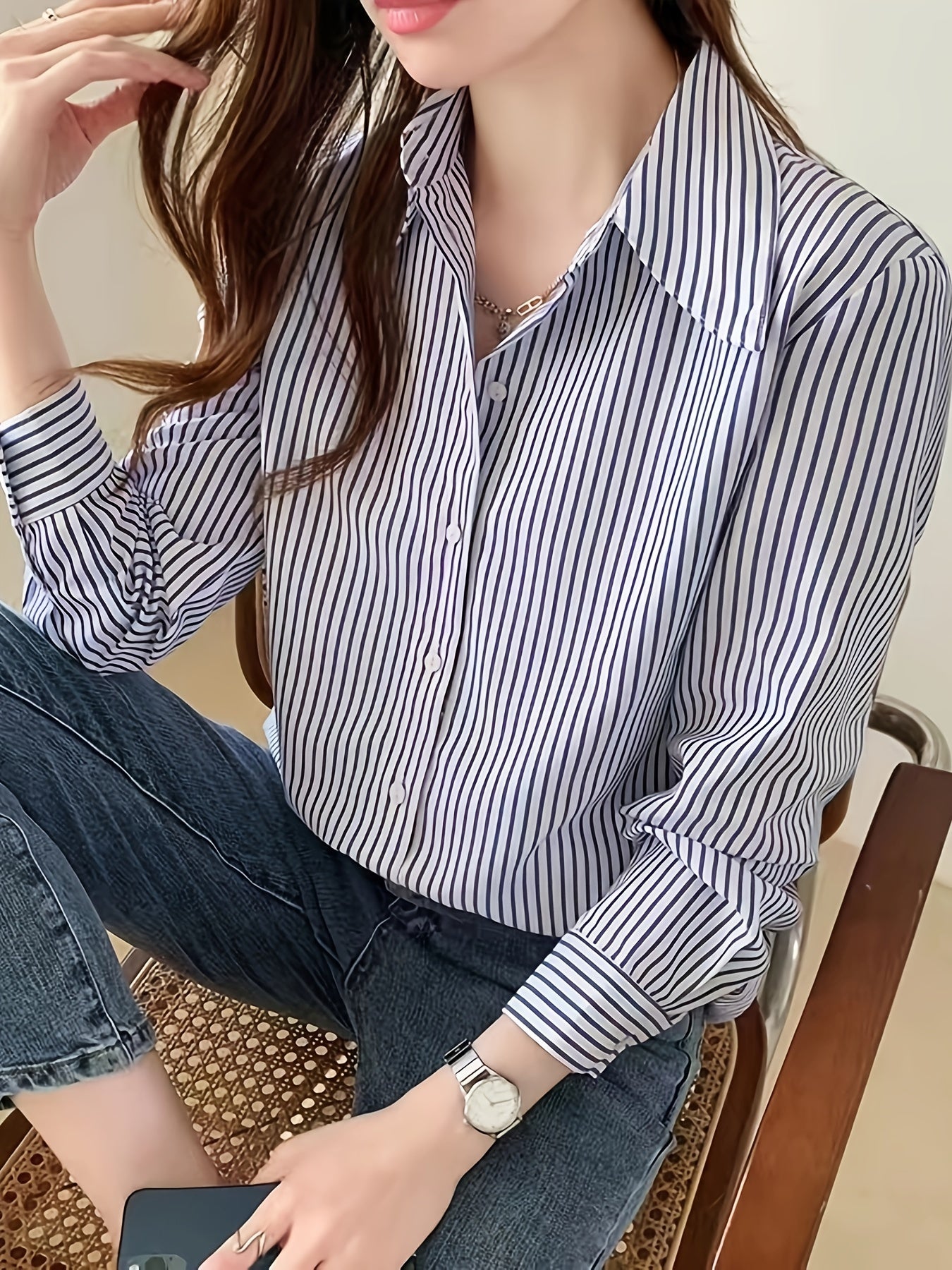 gbolsos Stripe Print Polo Collar Shirt, Casual Long Sleeve Shirt For Spring & Fall, Women's Clothing