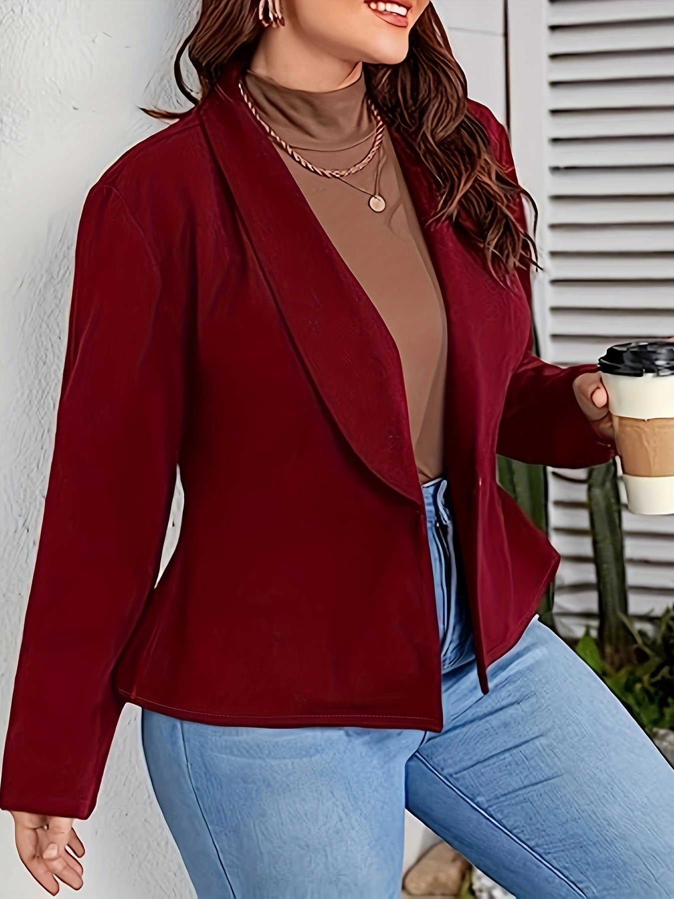 Plus Size Casual Blazer, Women's Plus Solid Ruffle Hem Nipped Waist Lapel Collar Long Sleeve Blazer