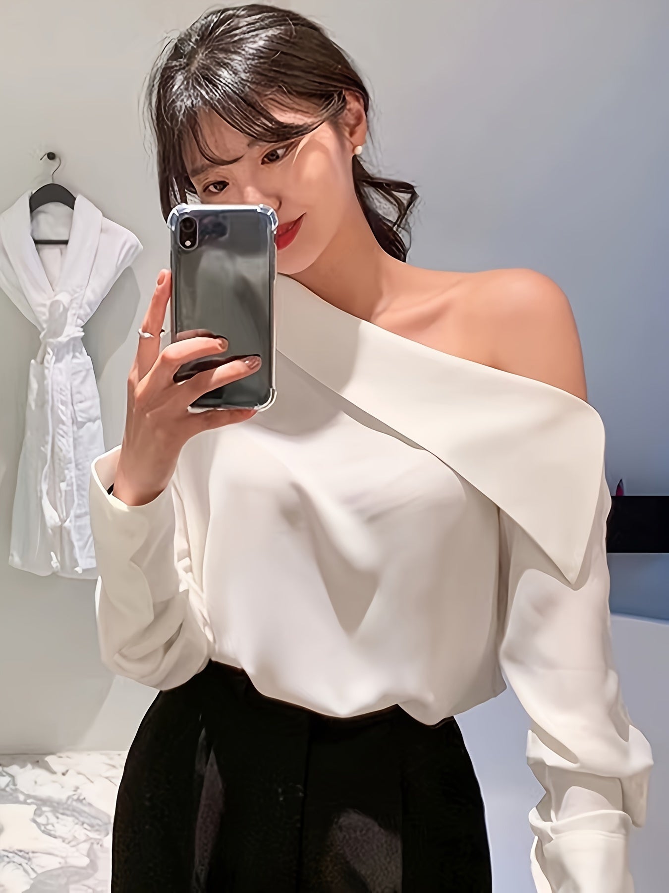 gbolsos Solid Color Asymmetrical Cold Shoulder Blouse, Vintage Long Sleeve Blouse For Every Day, Women's Clothing