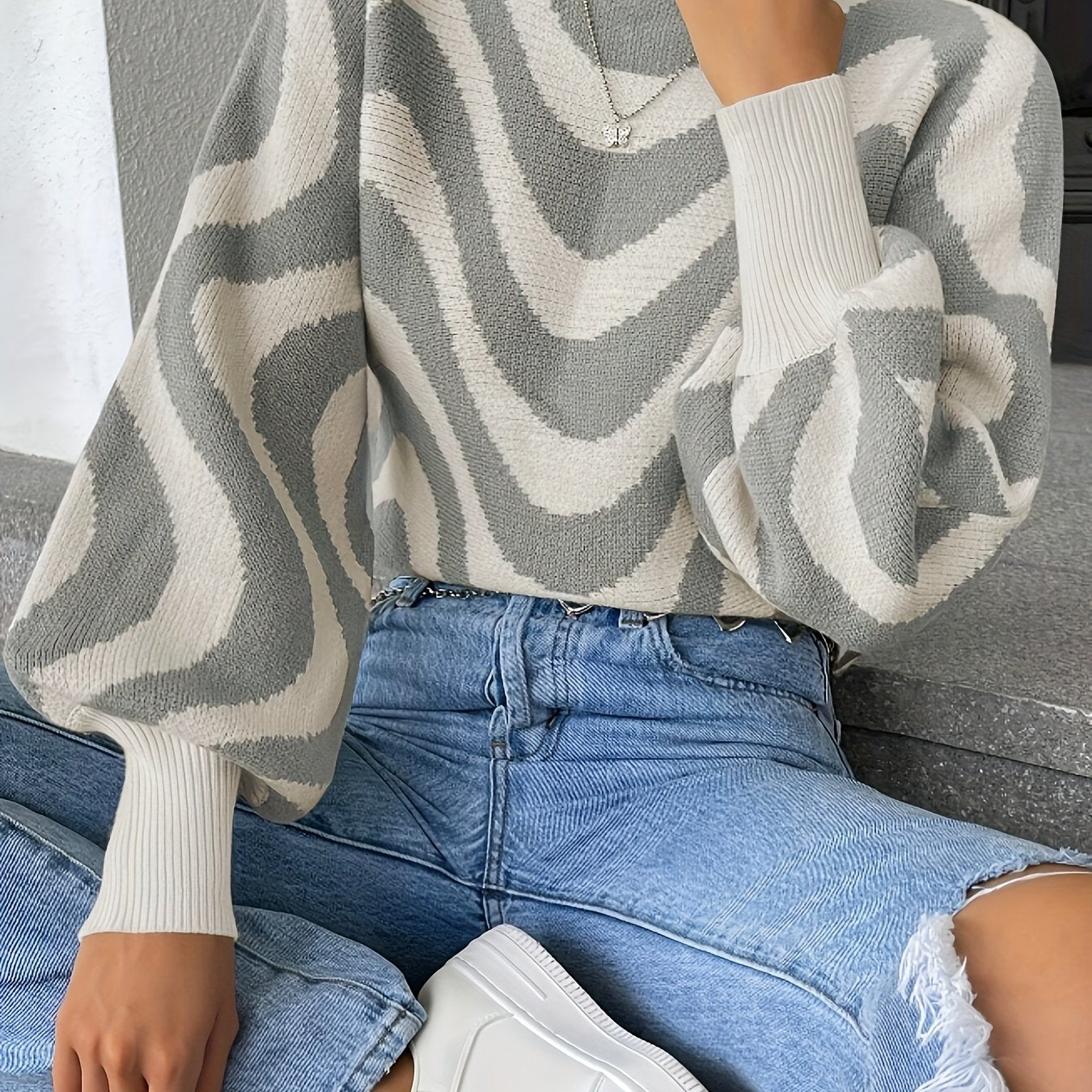 gbolsos Striped Boat Neck Pullover Sweater, Casual Lantern Sleeve Slim Sweater, Women's Clothing