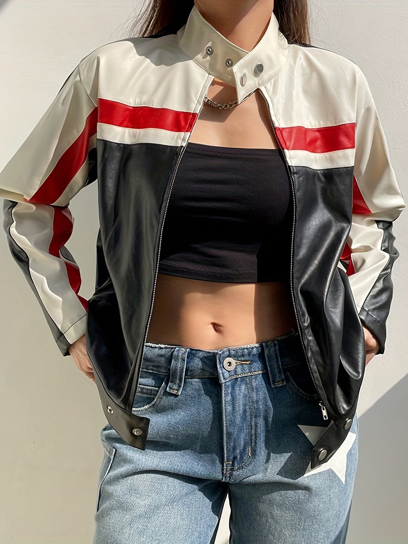gbolsos Color Block Zip Up Jacket, Streetwear Long Sleeve Outerwear, Women's Clothing