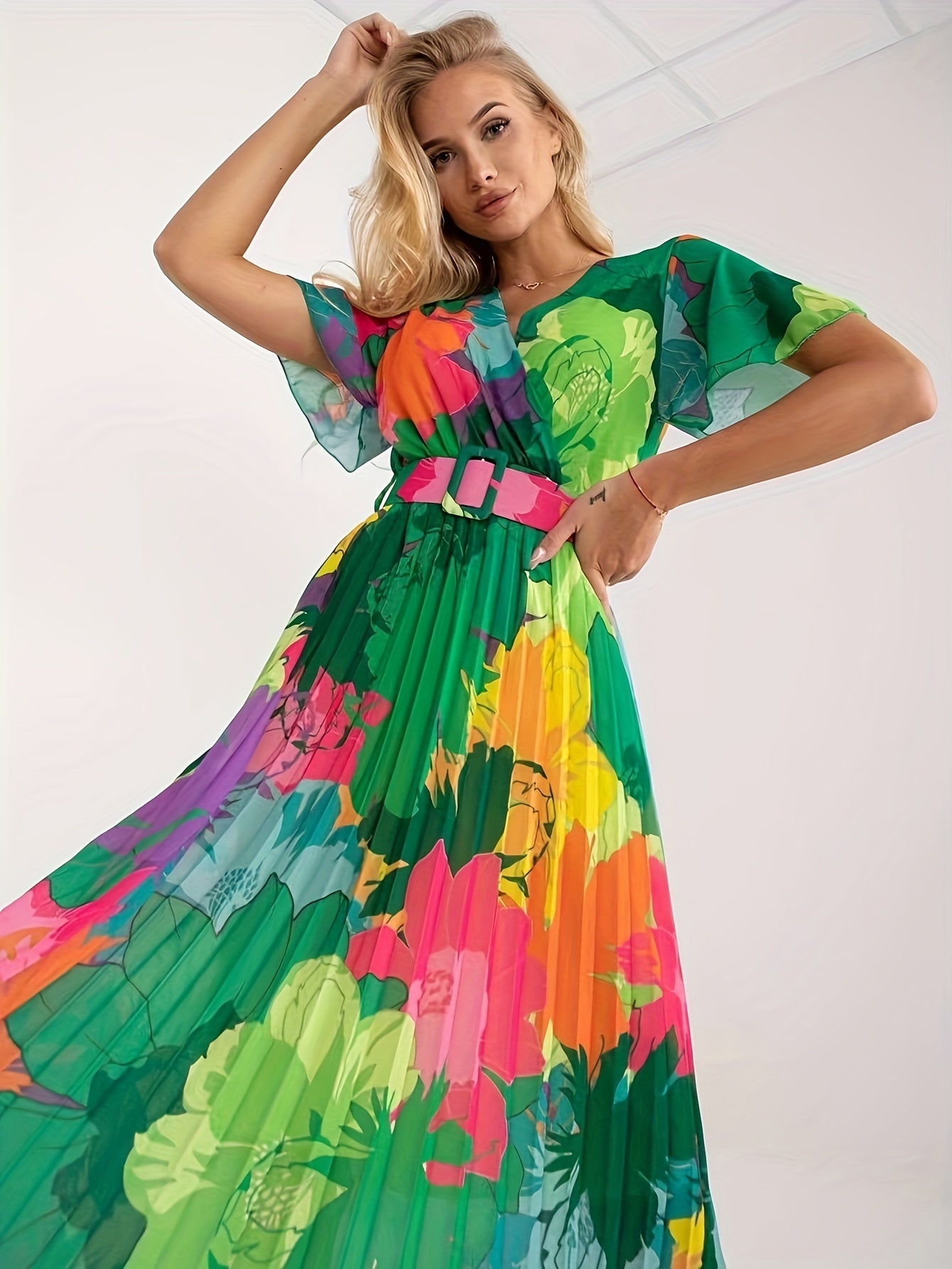 gbolsos Floral Print Pleat Dress With Belt, Boho Surplice Neck Short Sleeve Dress For Spring & Summer, Women's Clothing