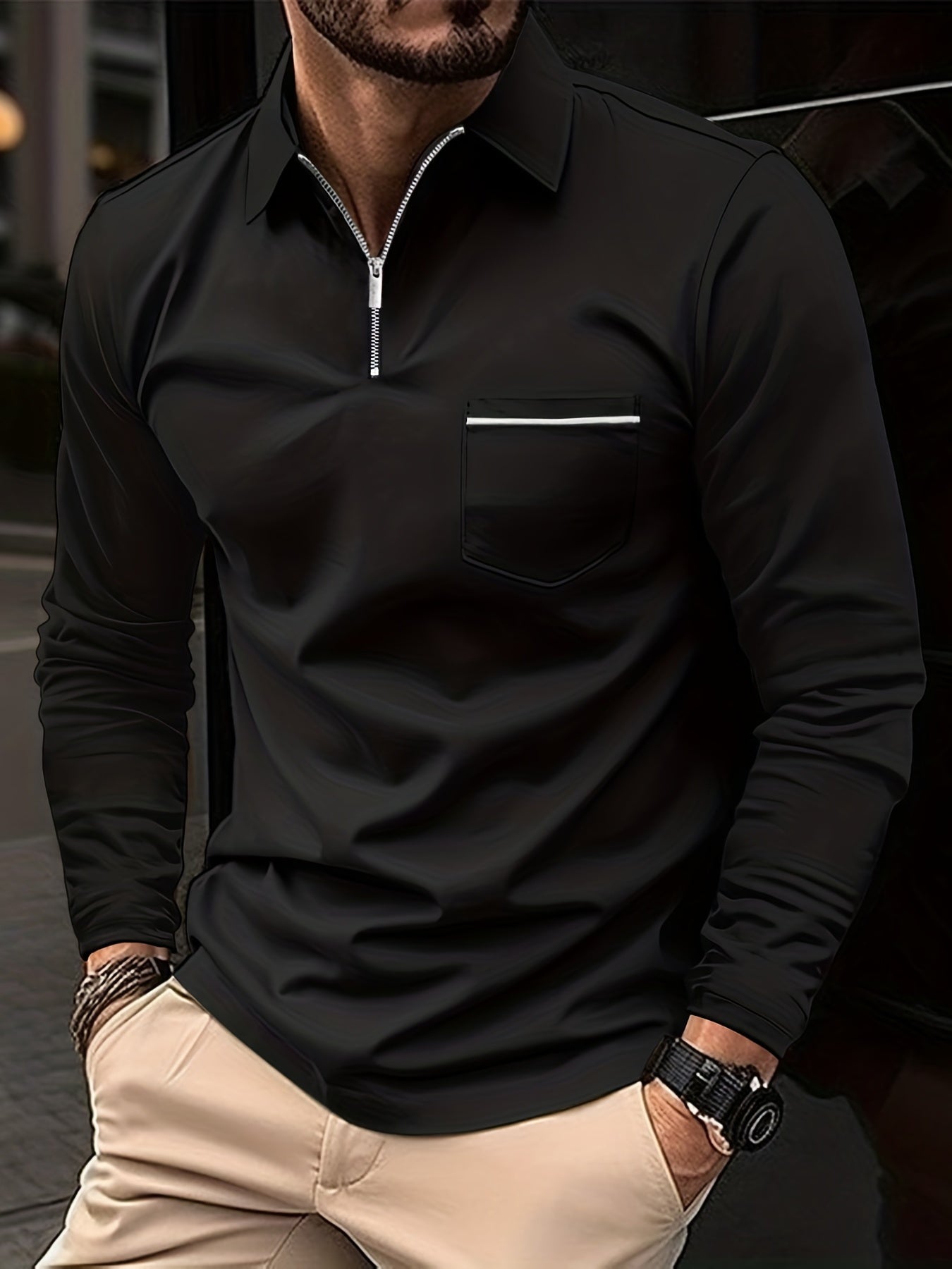 gbolsos Casual Solid Men's Long Sleeve Zipper Polo Shirt With Chest Pocket, Spring Fall Outdoor