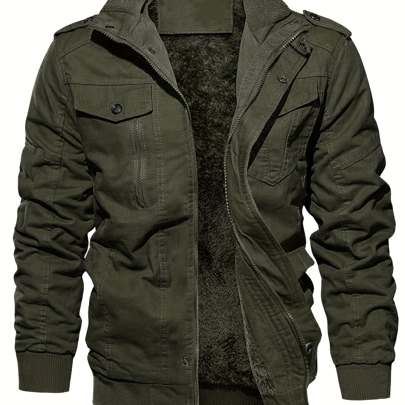 gbolsos Warm Plush Fleece Cotton Jacket, Men's Casual Zipper Pockets Stand Collar Jacket Coat For Fall Winter