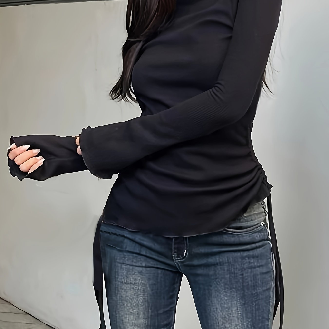 gbolsos Drawstring Crew Neck T-Shirt, Y2K Long Sleeve Lettuce Trim Top For Spring & Fall, Women's Clothing