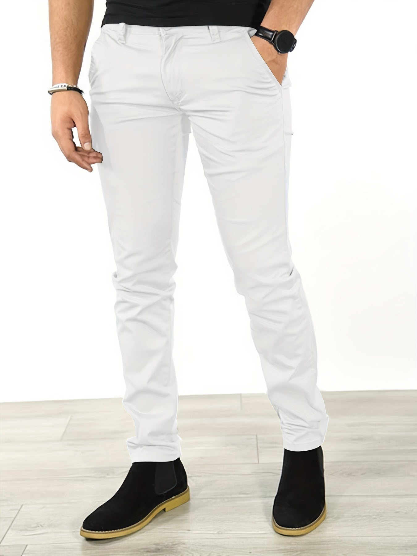 gbolsos Slim Fit Tapered Slacks, Men's Casual Slightly Stretch Solid Color All Match Pants For All Seasons Business