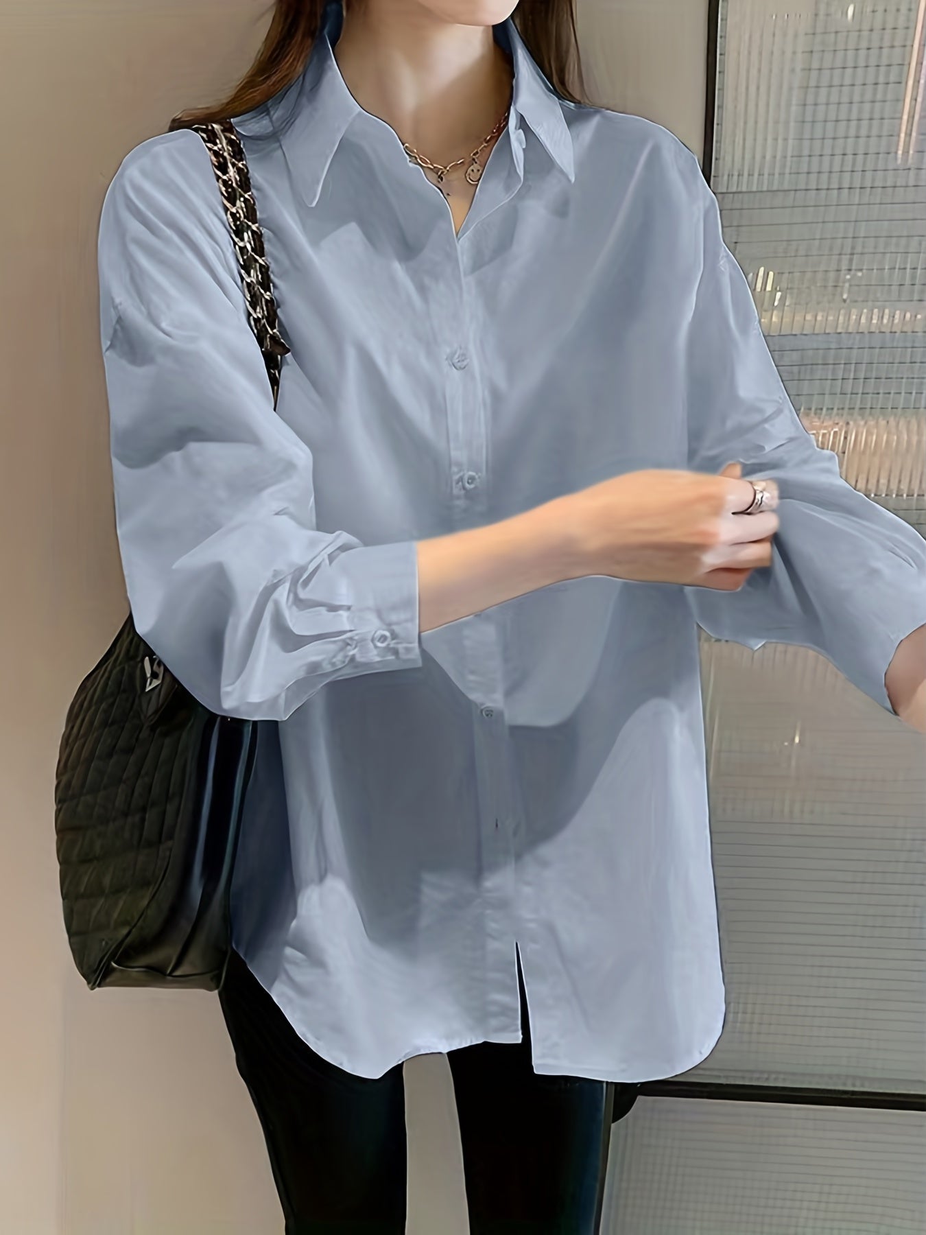 V-neck Loose Lapel Shirts, Casual Button Down Long Sleeve Fashion Blouses Tops, Women's Clothing