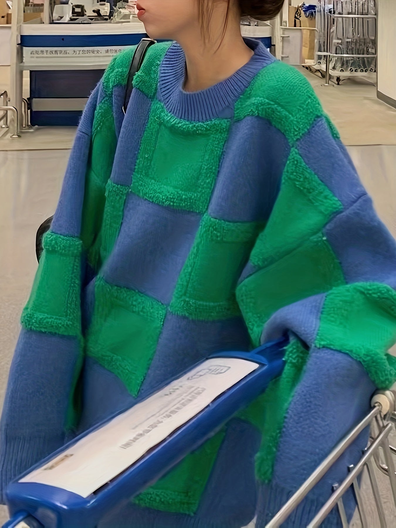 gbolsos Plaid Pattern Crew Neck Pullover Sweater, Casual Long Sleeve Drop Shoulder Sweater, Women's Clothing