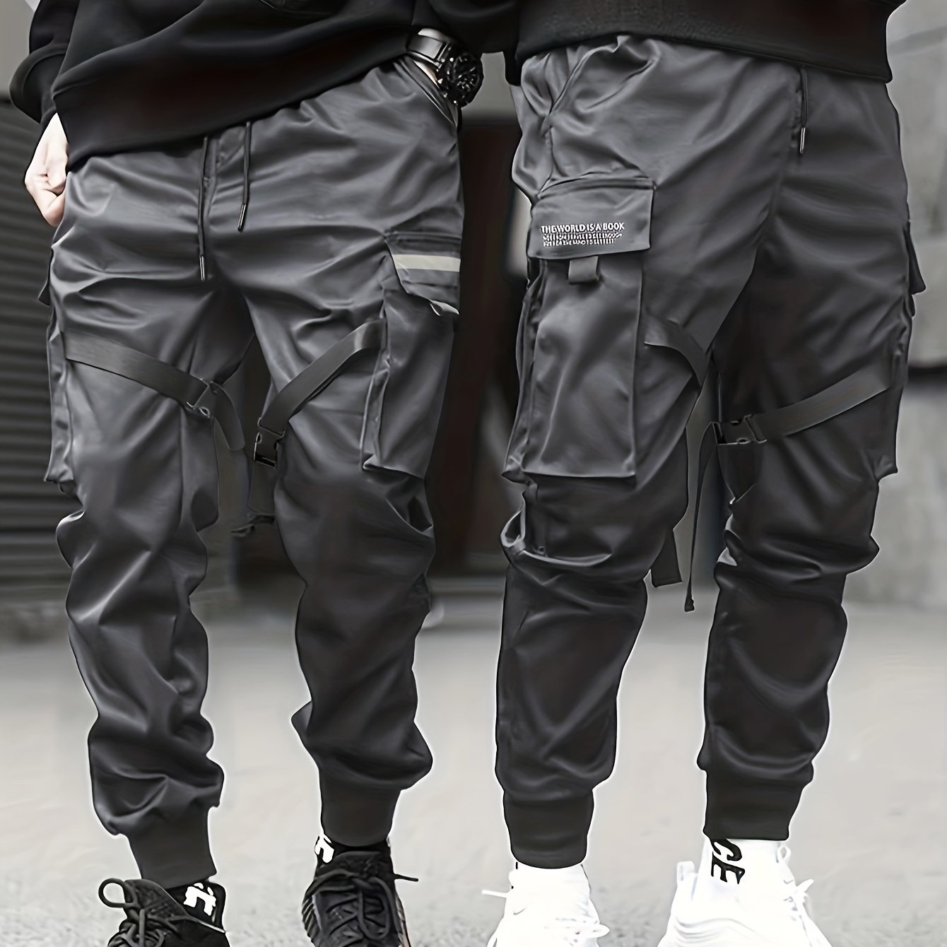 gbolsos Classic Design Multi Flap Pockets Cargo Pants,Men's Loose Fit Drawstring Kpop Cargo Pants, For Skateboarding, Street, Outdoor Camping