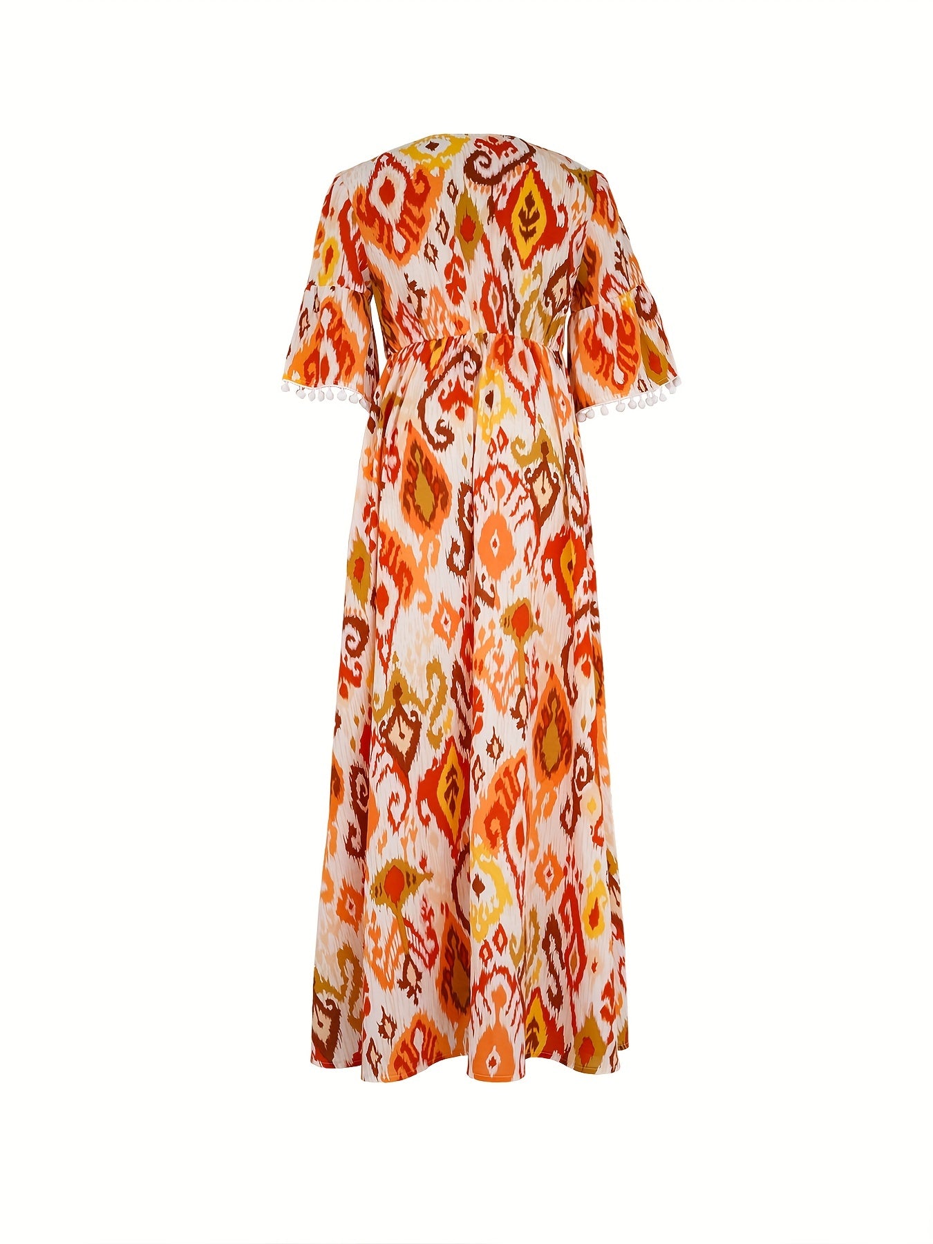 gbolsos Ikat Print Tassel Dress, Vacation V Neck High Waist Maxi Dress, Women's Clothing