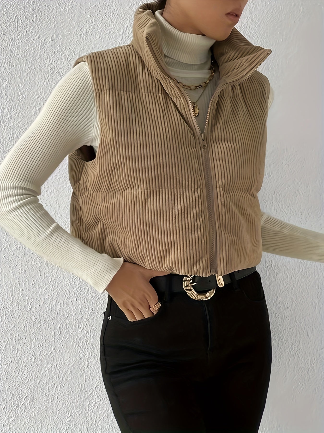 gbolsos Zip Up High Neck Vest, Casual Solid Simple Sleeveless Vest, Women's Clothing