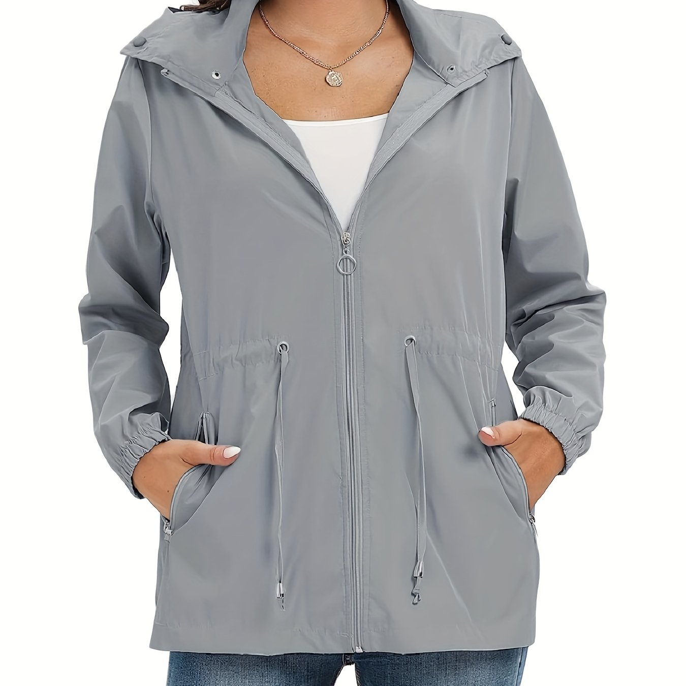 gbolsos Solid Hooded Rain Jacket, Casual Zip Up Long Sleeve Outerwear, Women's Clothing
