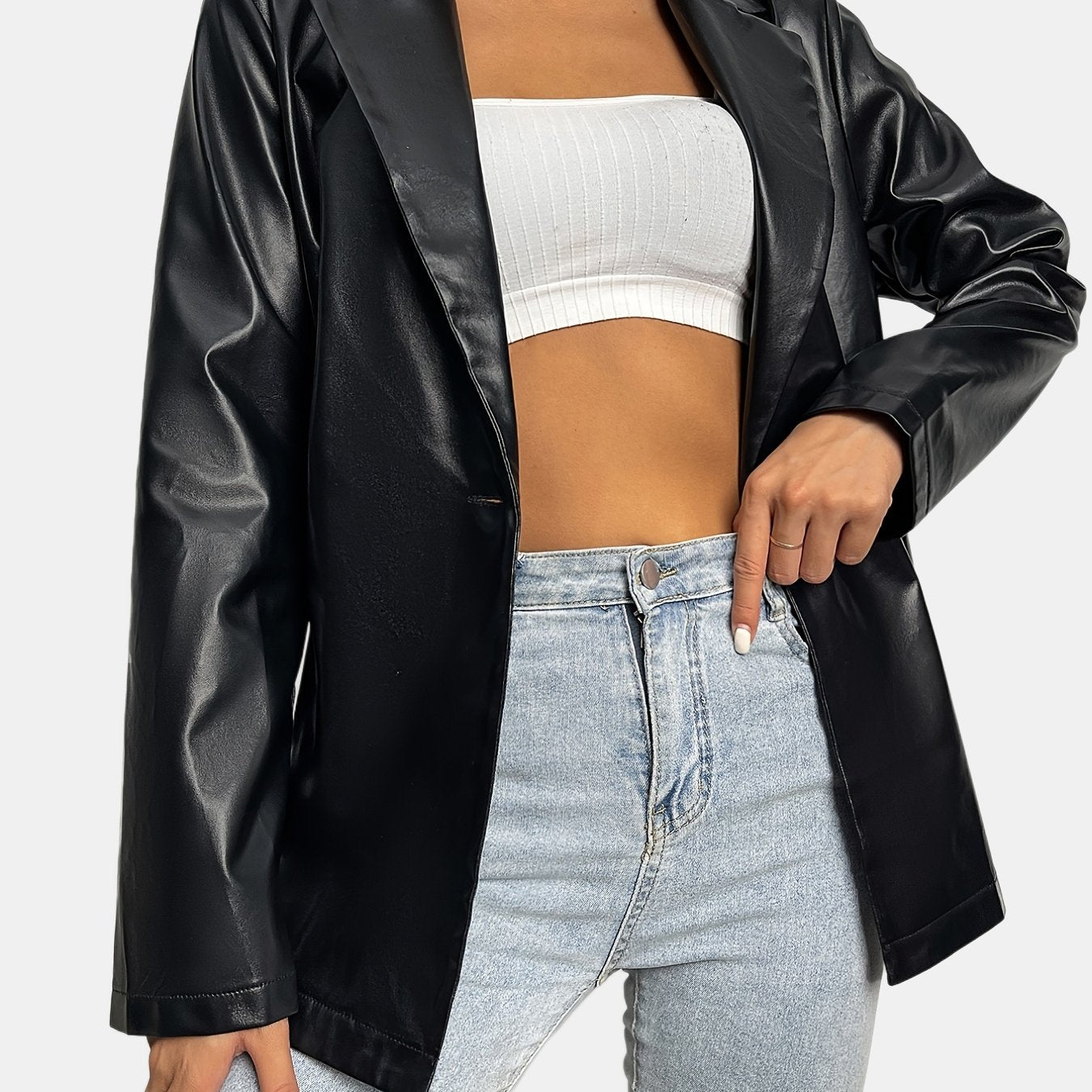 gbolsos Solid Lapel Faux Leather Long Sleeve Jacket, Elegant Open Front Stylish Outerwear, Women's Clothing