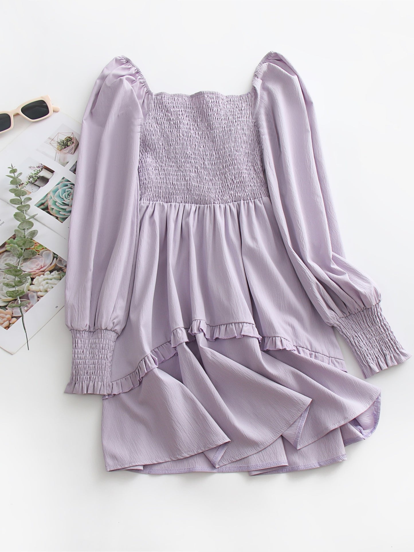 Solid Shirred Tie Front Dress, Casual Long Sleeve Dress For Spring, Women's Clothing