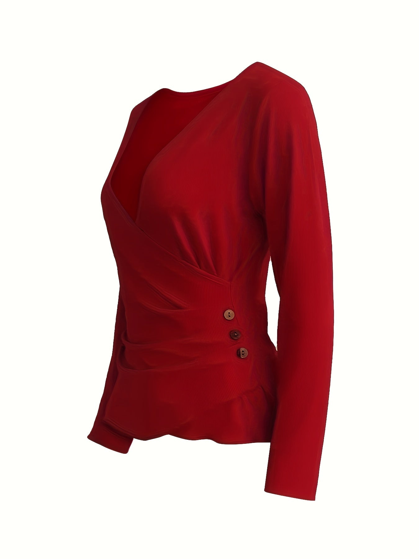 Ruched Button Decor Surplice Neck T-Shirt, Casual Long Sleeve Top For Spring & Fall, Women's Clothing