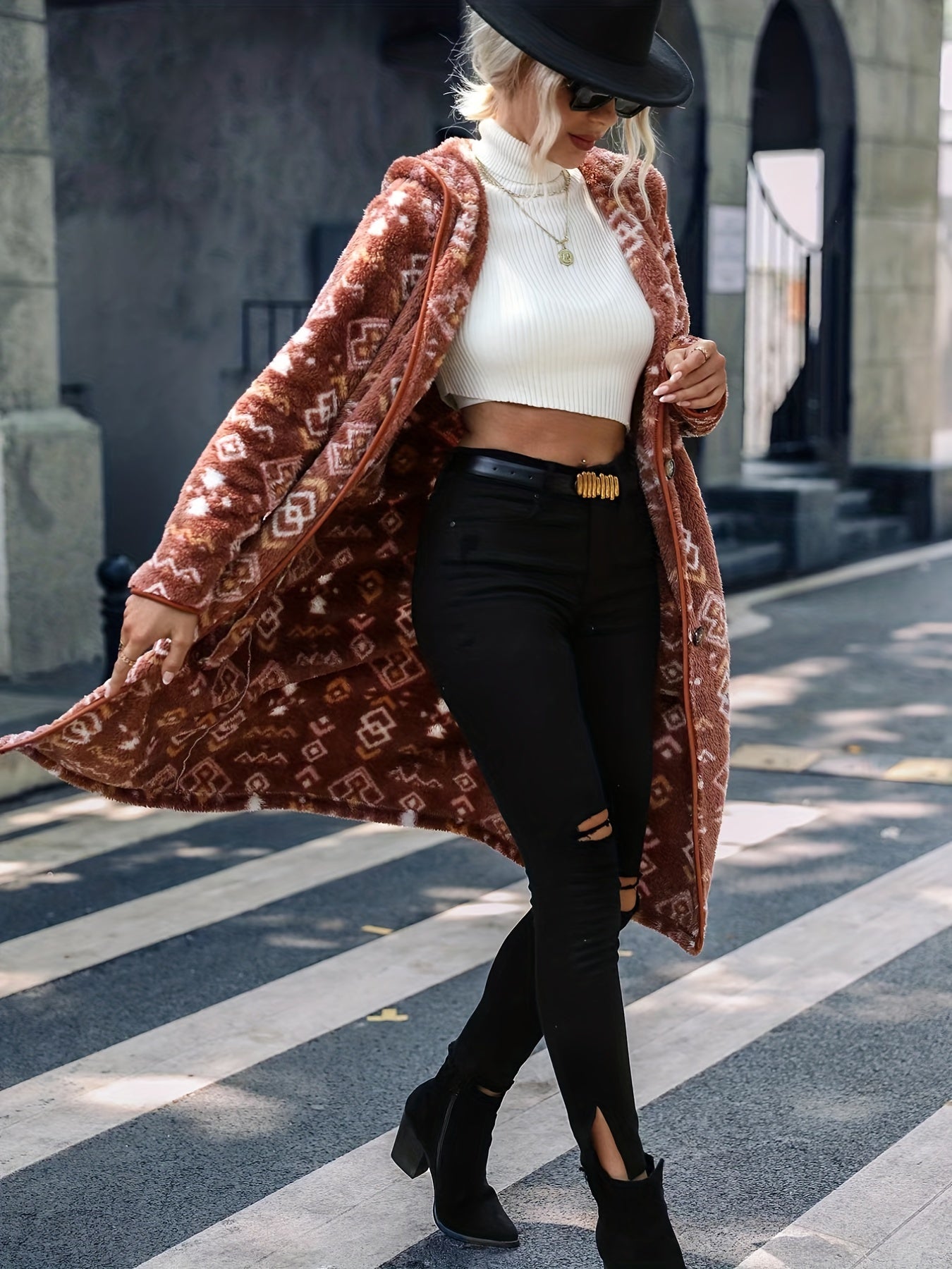 solvbao Plus Size Elegant Trench Coat, Women's Plus Argyle Print Teddy Fleece Long Sleeve Hoodie Slight Stretch Longline Trench Coat