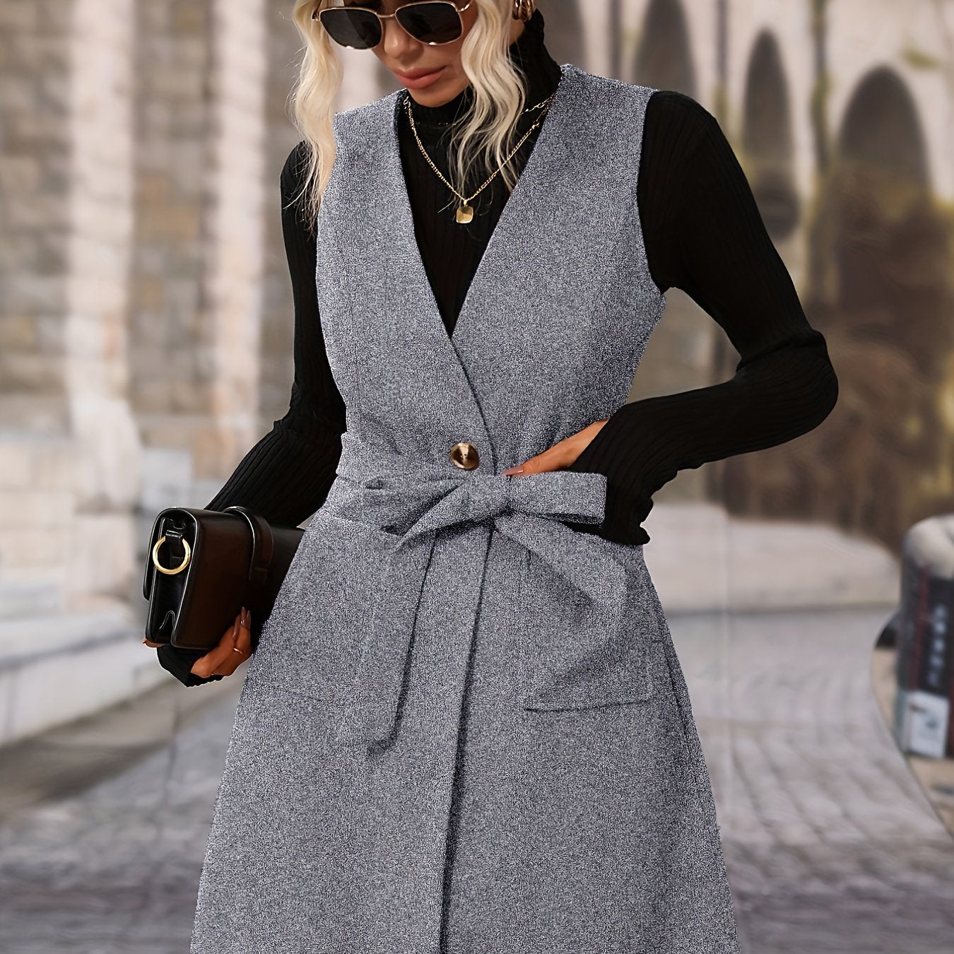 gbolsos Sleeveless Button Front Jacket, Casual V Neck Solid Outerwear With Pockets, Women's Clothing