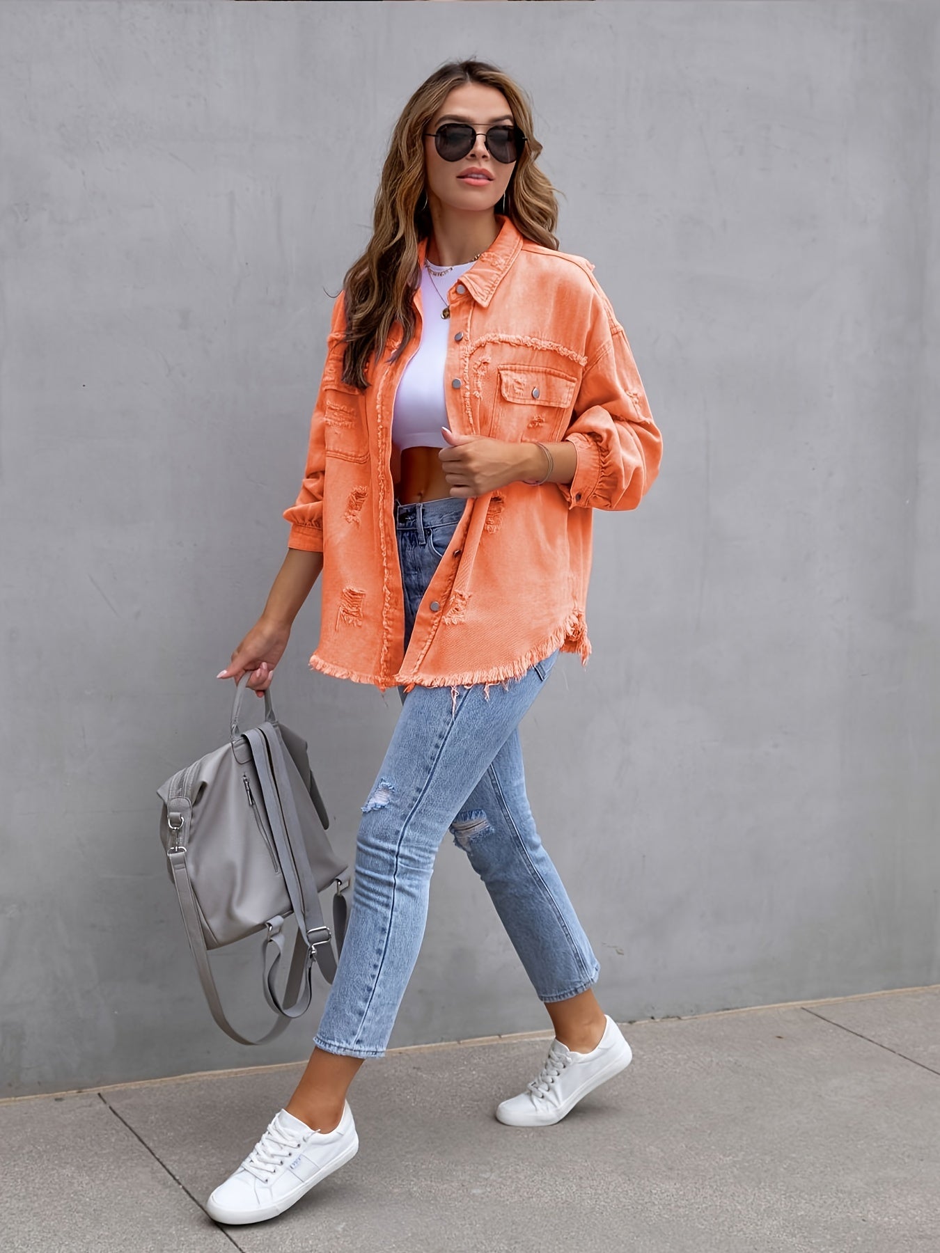 gbolsos Plain Ripped Holes Lapel Denim Jackets, Distressed Raw Hem Long Sleeves Casual Denim Coats, Women's Denim Clothing