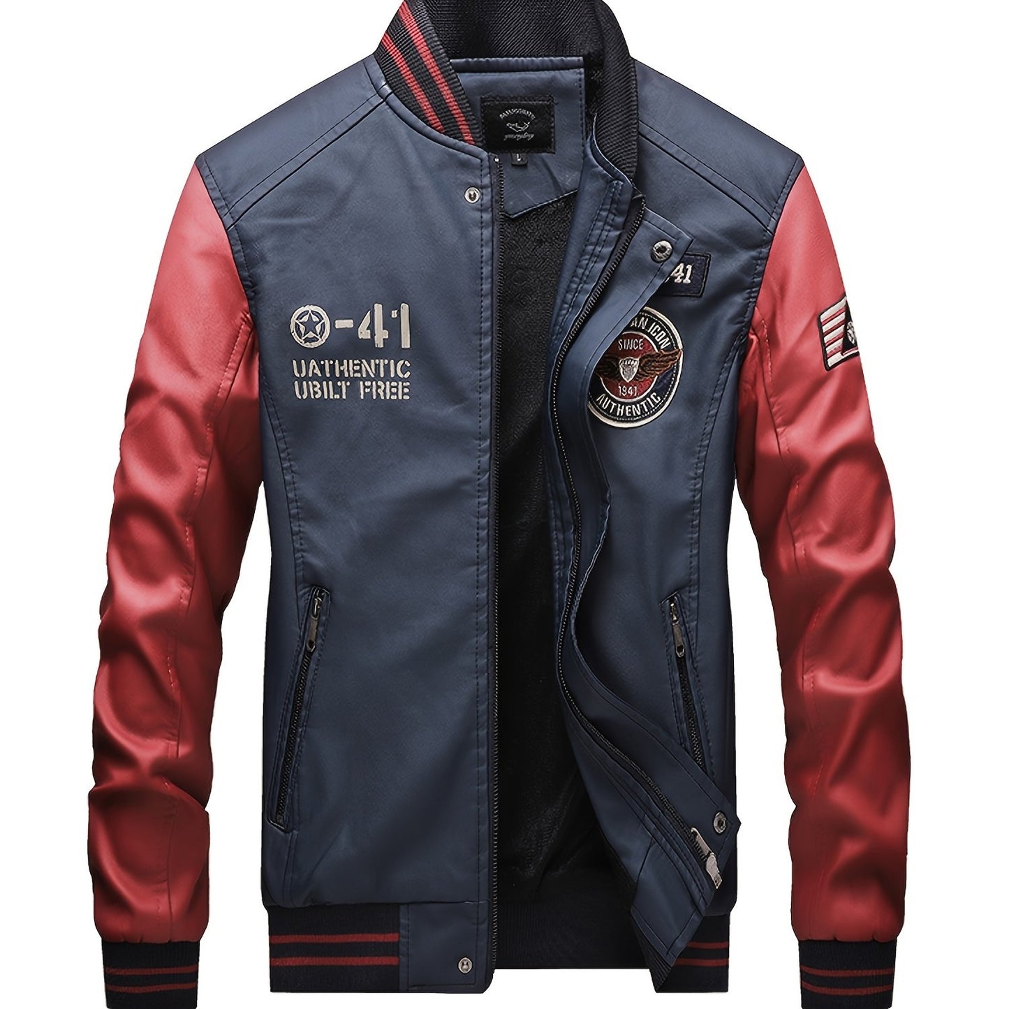 gbolsos Men's Casual Pockets "R" Print Zipper Long Sleeves Baseball Collar PULeather Jacket
