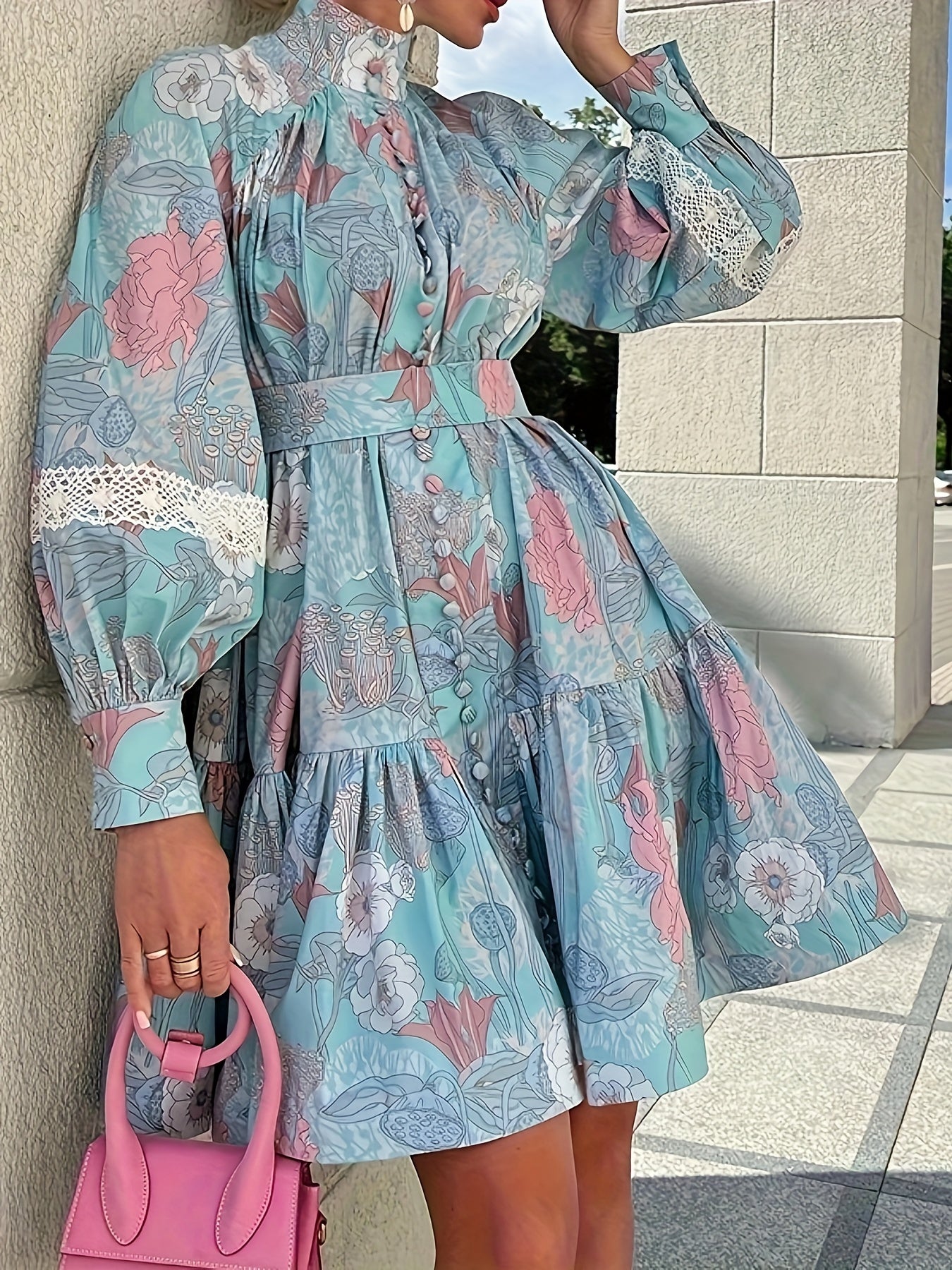 gbolsos Floral Print Button Front Dress, Elegant Pleated Long Sleeve High Collar Summer Dress, Women's Clothing