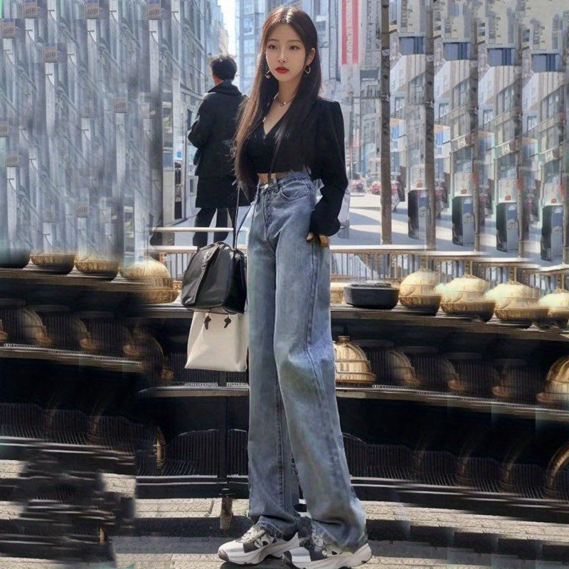 Blue Loose Fit Straight Jeans, Slant Pockets Non-Stretch Casual Wide Legs Jeans, Women's Denim Jeans & Clothing