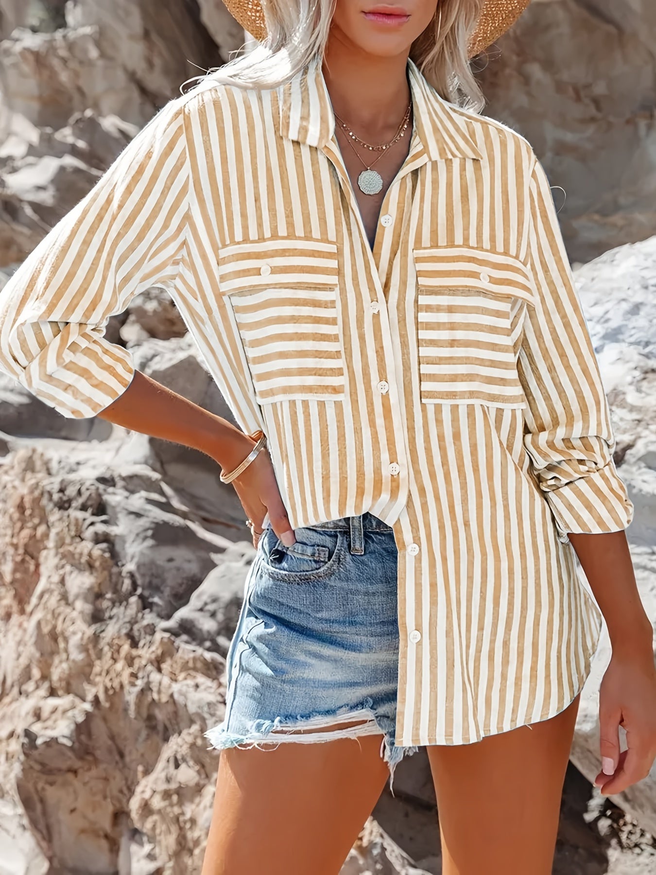 solvbao Plus Size Casual Blouse, Women's Plus Stripe Print Long Sleeve Button Up Blouse With Flap Pockets