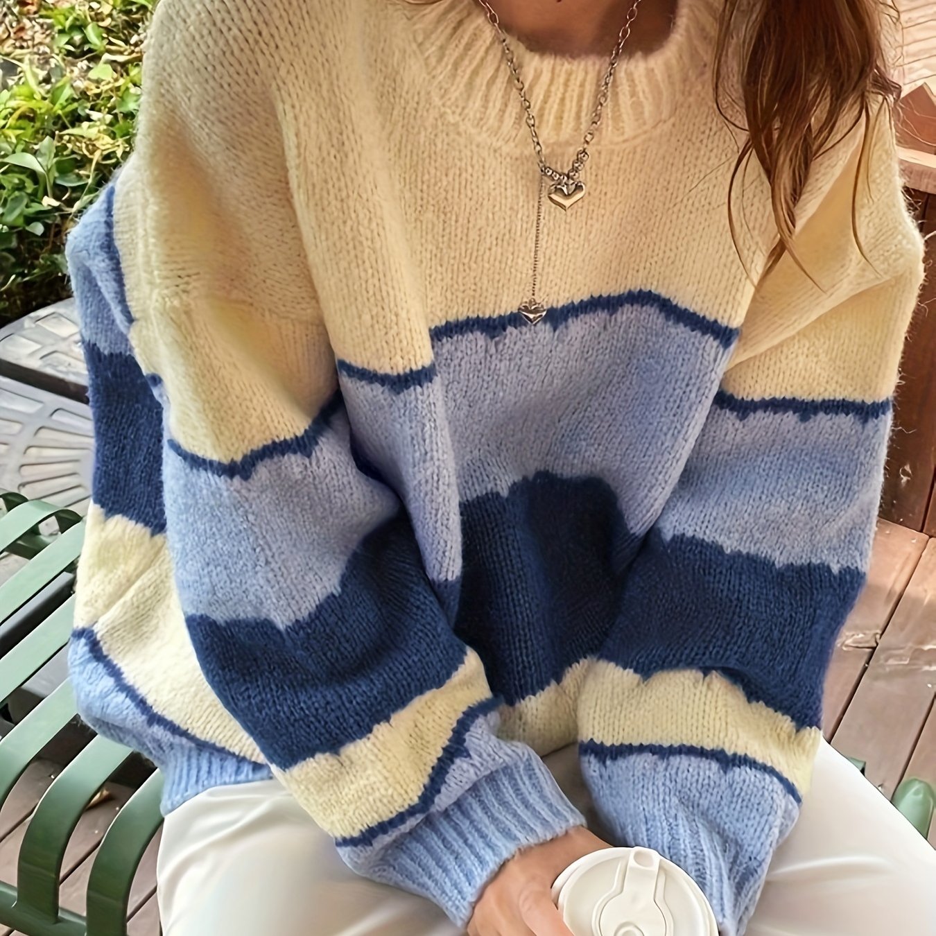 gbolsos Color Block Crew Neck Pullover Sweater, Casual Long Sleeve Soft Loose Sweater, Women's Clothing
