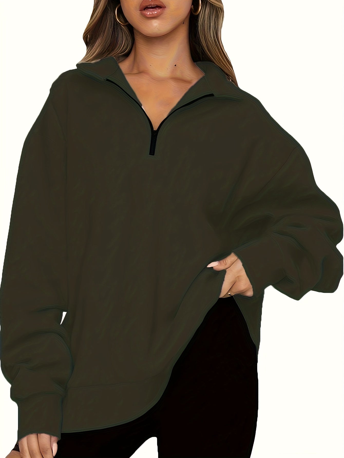 Quarter Zip Lapel Neck Sweatshirt, Casual Sporty Long Sleeve Sweatshirt For Fall & Winter, Women's Clothing