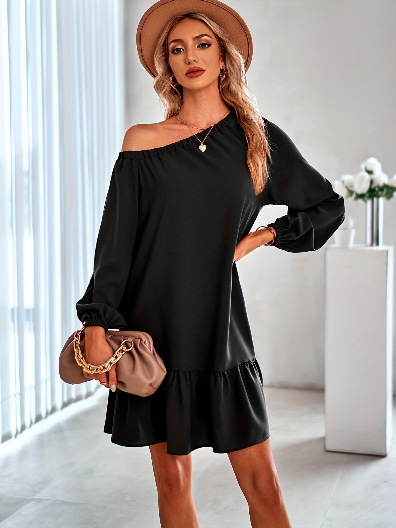 Ruffle Trim Slanted Shoulder Dress, Casual Solid Long Sleeve Dress, Women's Clothing