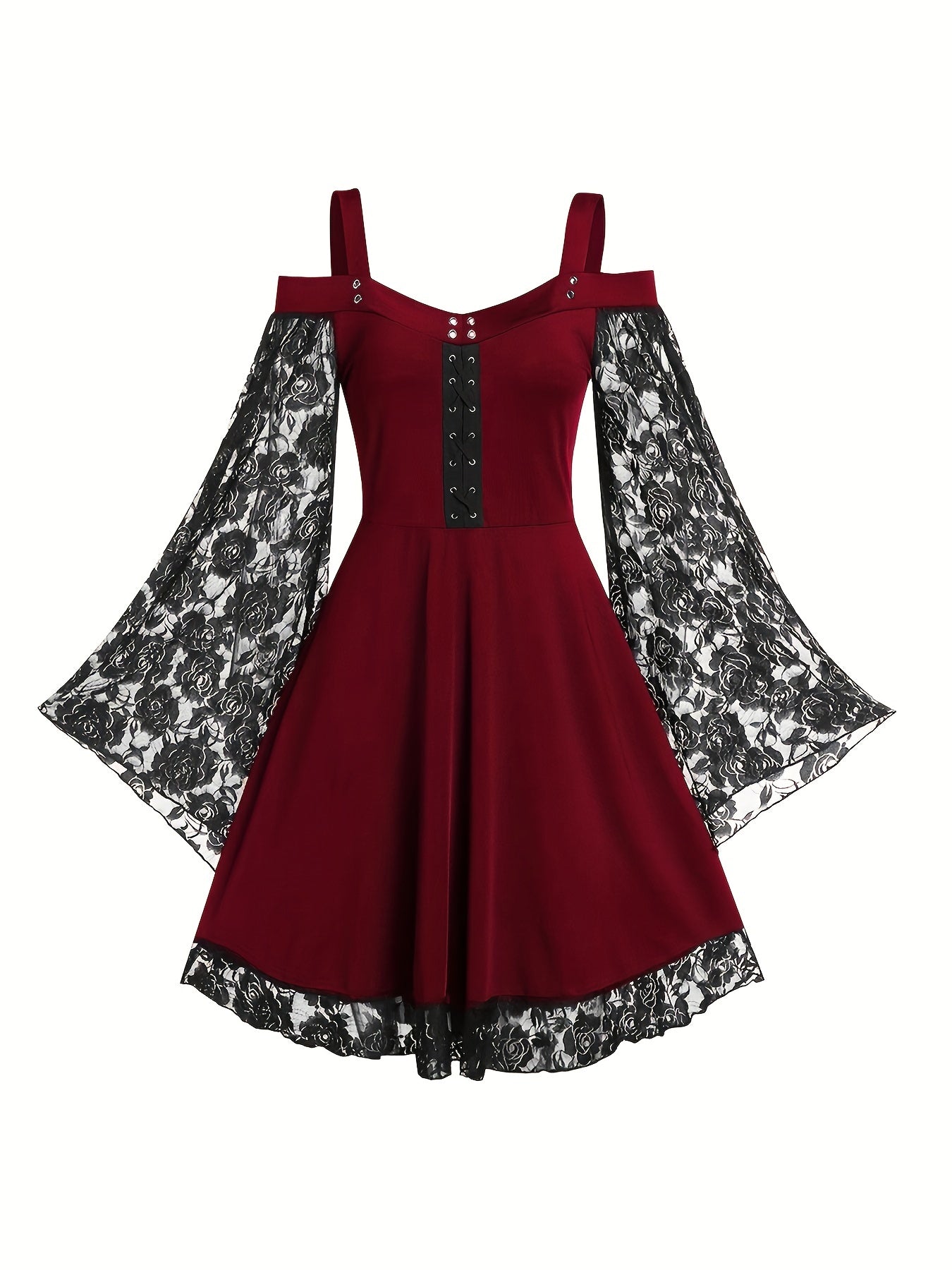 Solid Contrast Lace Dress, Gothic Drawstring Solid Mini Dress, Women's Clothing