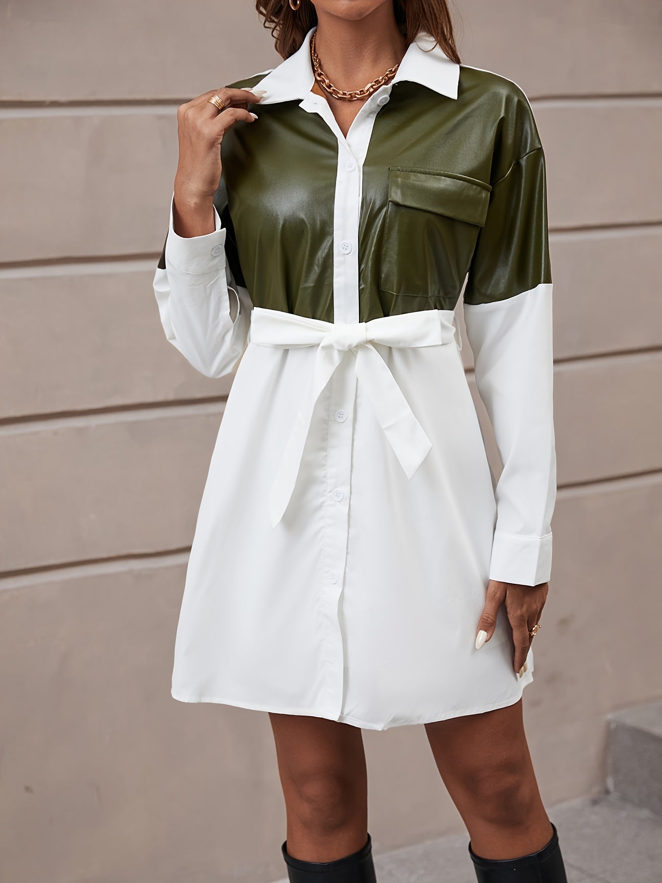 gbolsos Lapel Color Block Dress, Casual Loose Long Sleeve V-neck Belt Waist Dresses, Women's Clothing
