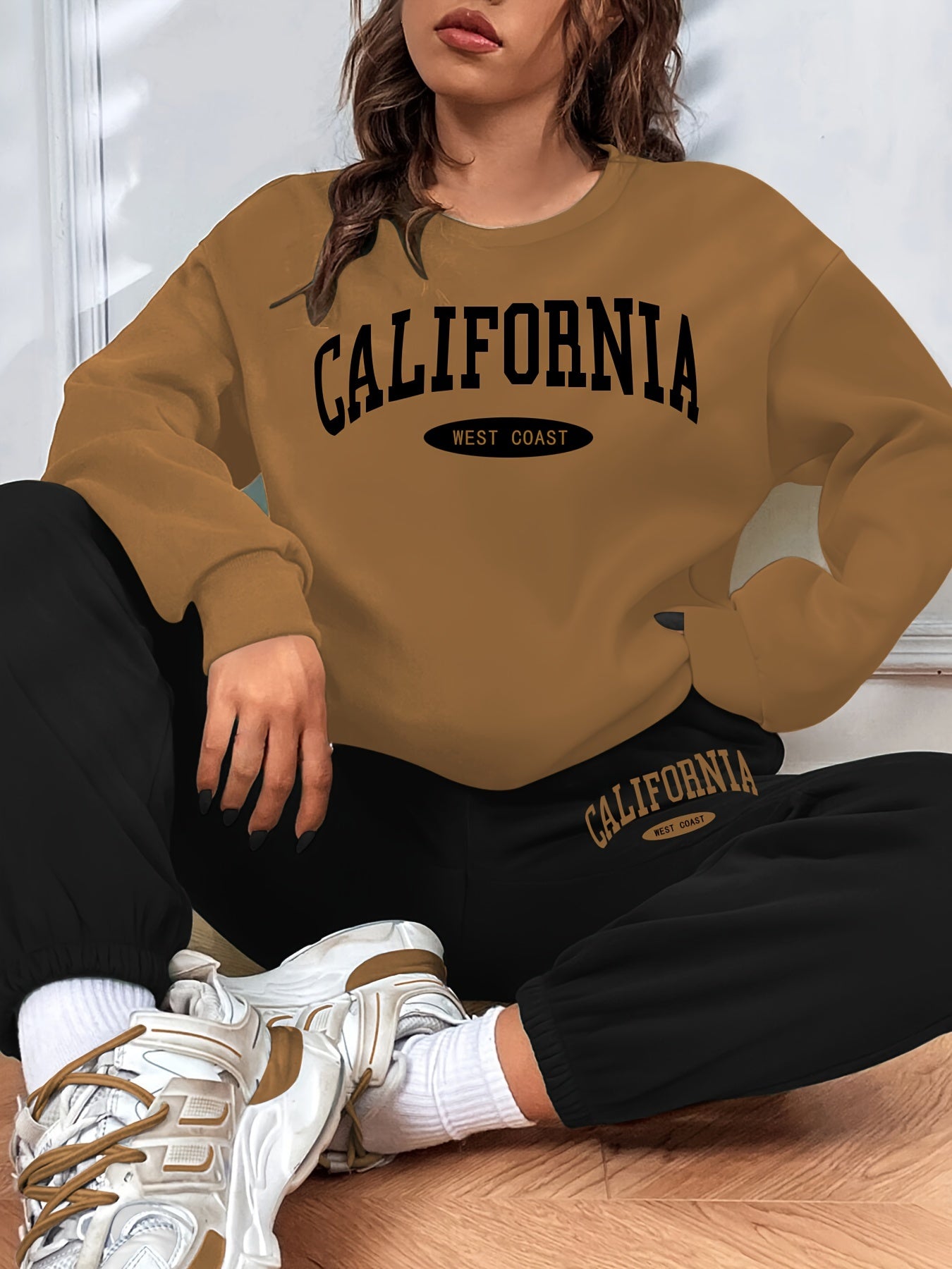 gbolsos California Print Casual Two-piece Set, Long Sleeve Sweatshirt & Elastic Waist Sweatpants Outfits, Women's Clothing