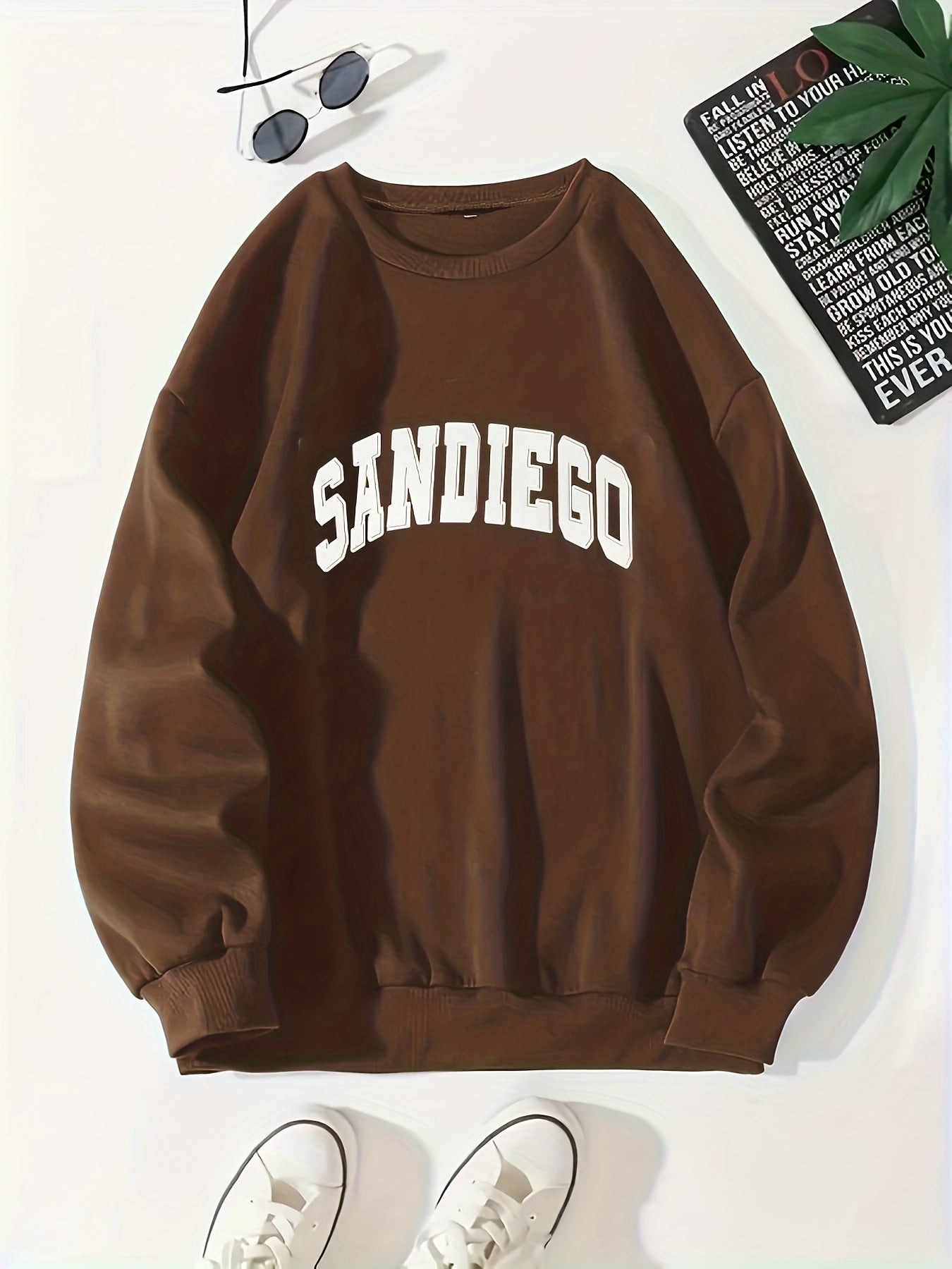 gbolsos Sandiego Letter Print Sweatshirt, Casual Crew Neck Long Sleeve Sweatshirt, Women's Clothing