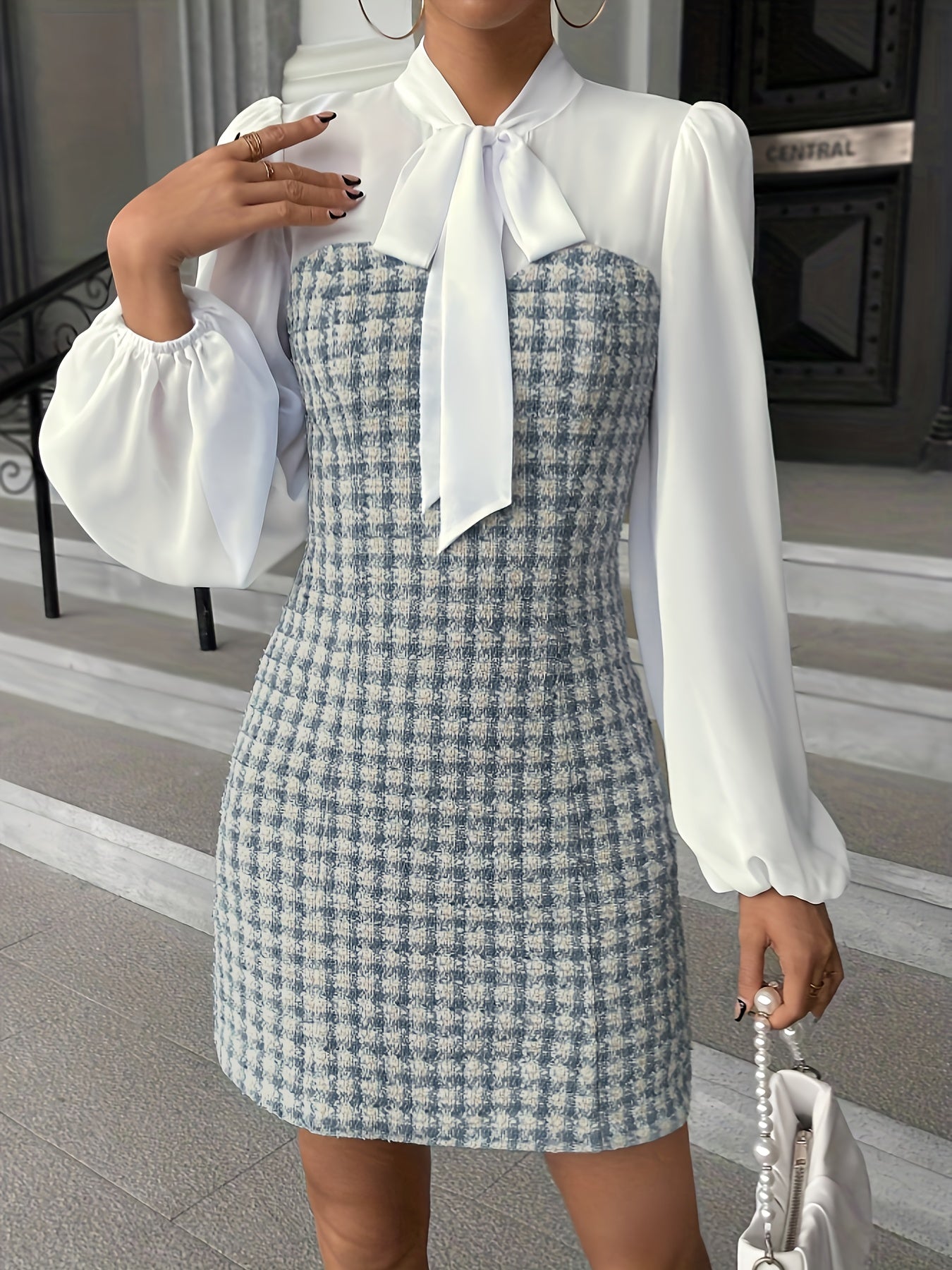 gbolsos Plaid Splicing Tie Neck Dress, Elegant Lantern Long Sleeve Dress, Women's Clothing