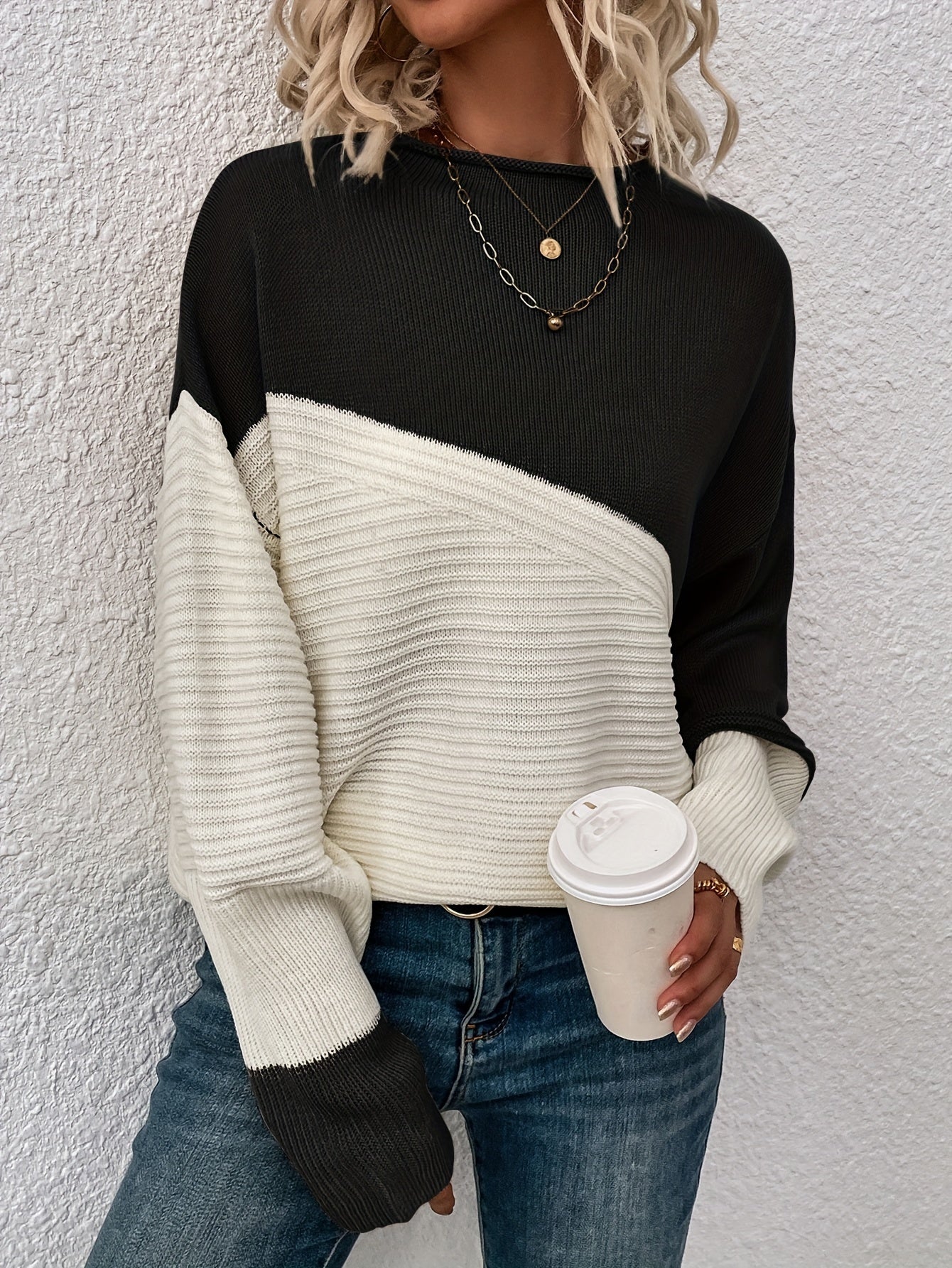 gbolsos Color Block Loose Pullover Sweater, Elegant Long Sleeve Drop Shoulder Sweater, Women's Clothing