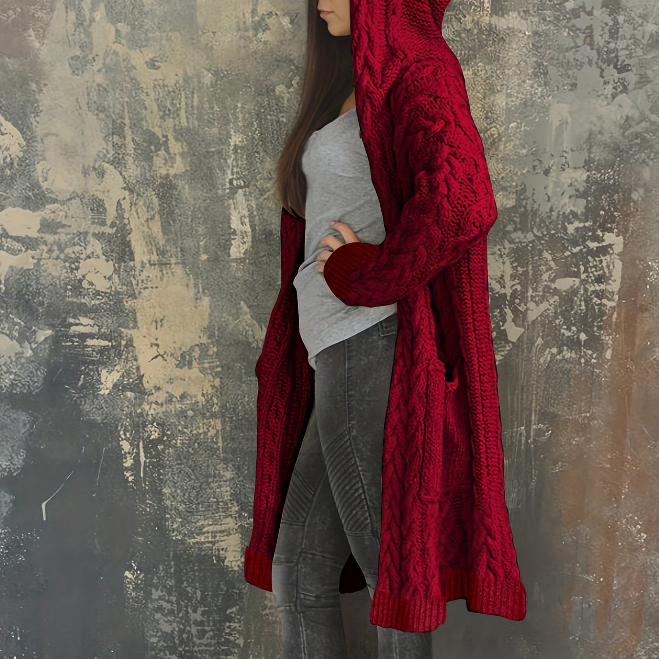 Chunky Knit Hooded Cardigan, Solid Long Open Front Sweater, Casual Cardigan For Fall & Winter, Women's Clothing