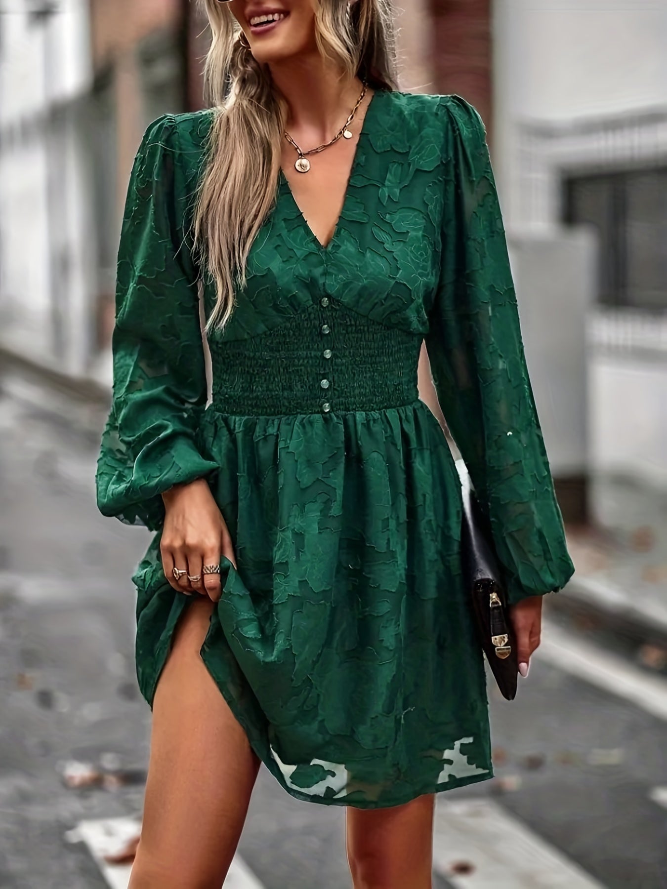 gbolsos Floral Jacquard Solid Dress, Elegant V Neck Long Sleeve Shirred Dress, Women's Clothing